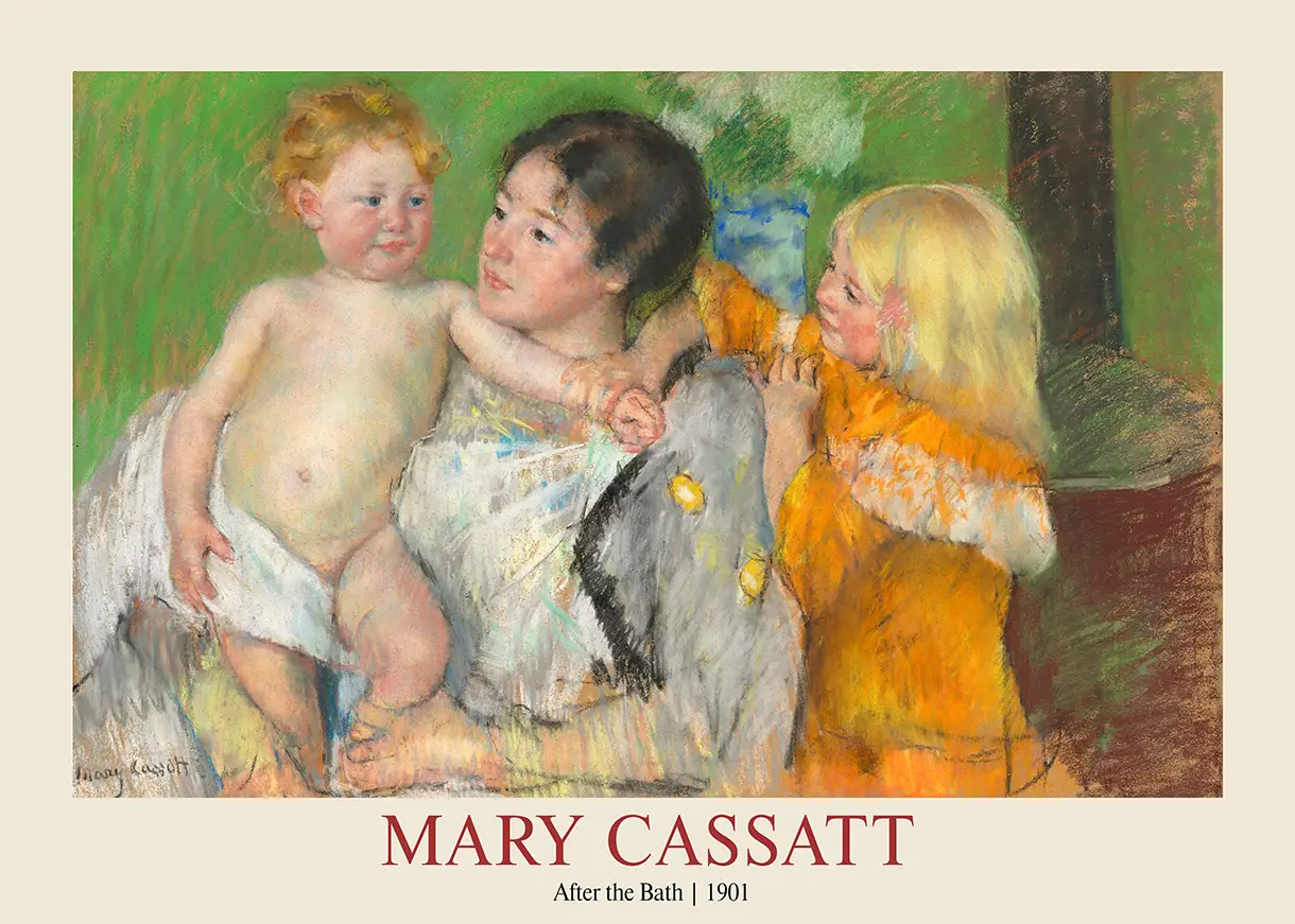 Mary Cassatt After the Bath pastel print showing a mother holding a child while a girl in orange watches.