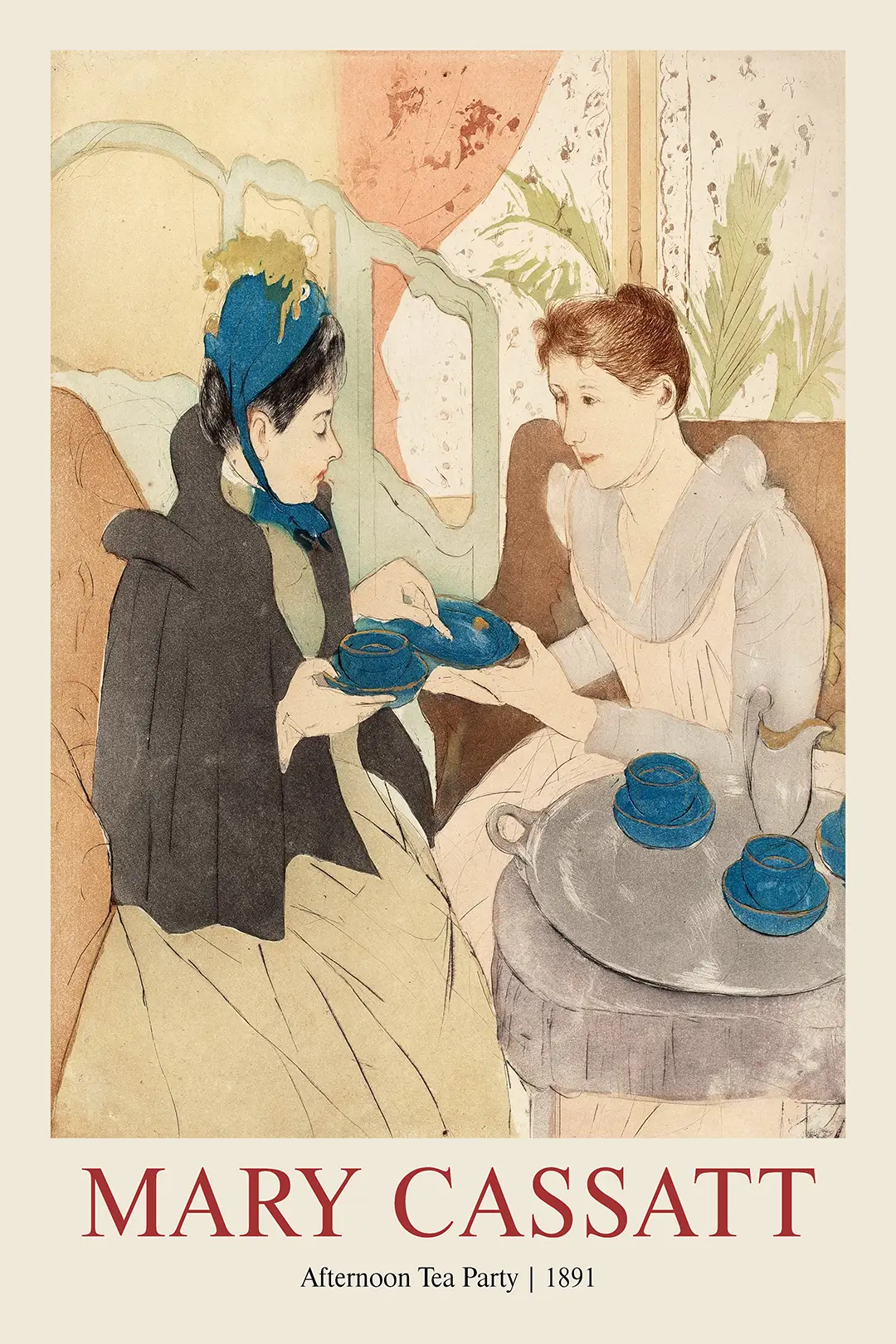 Mary Cassatt Afternoon Tea Party showing two women in 19th-century fashion with blue teacups in an 1891 Impressionist print.