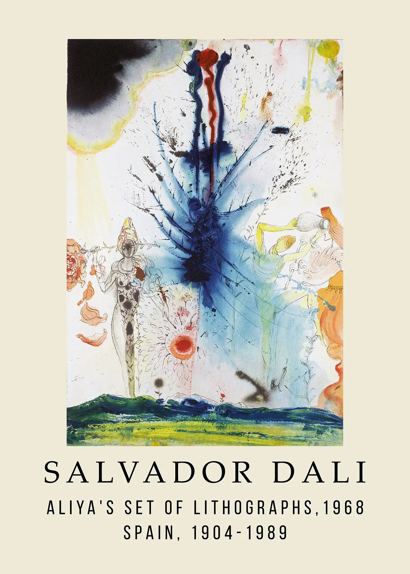 Salvador Dali lithograph 1968 Aliya print with central blue abstract form and surrealist female figures on cream background.