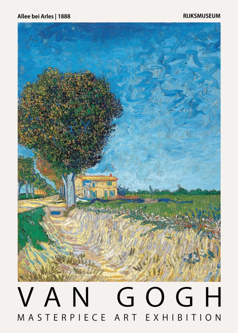 Allee Bei Arles 1888 Vincent van Gogh — this Impressionist exhibition print depicts a vibrant yellow farmhouse