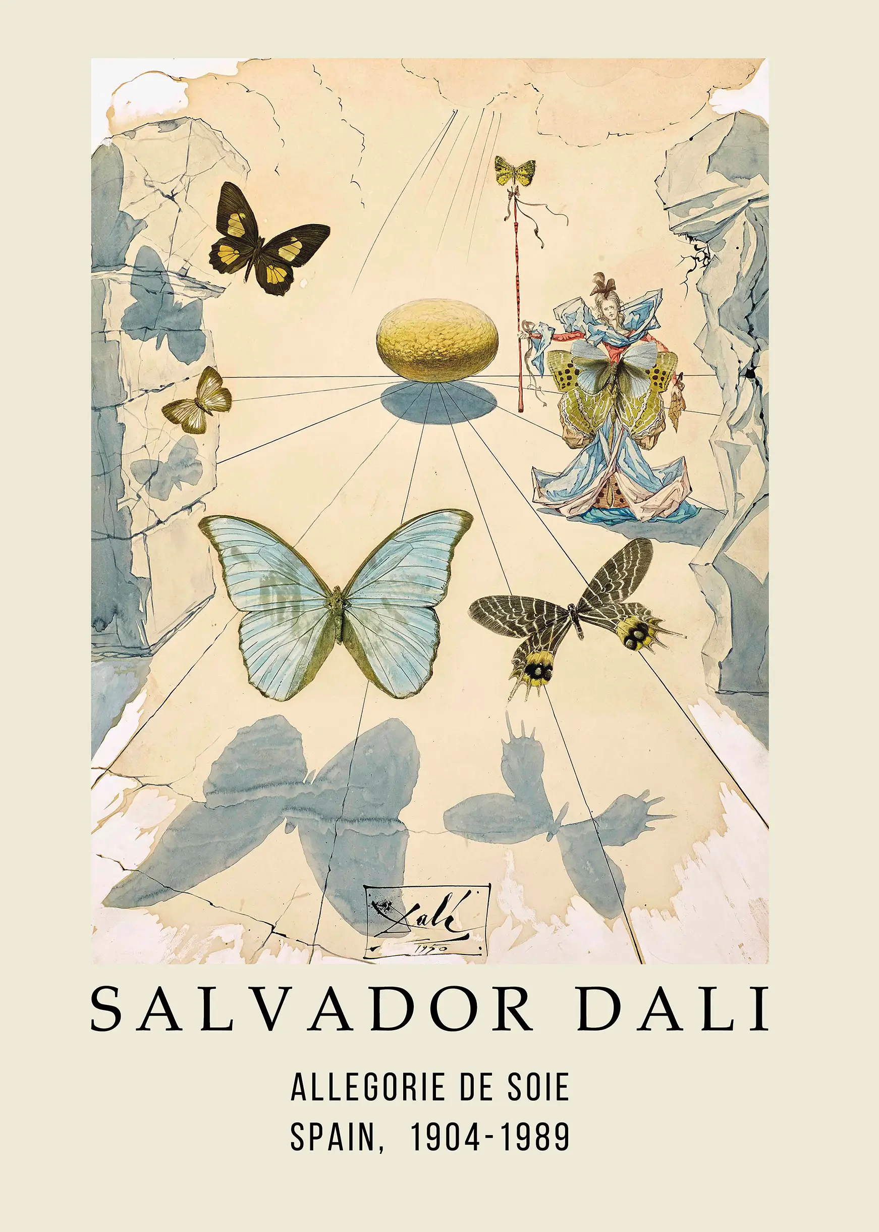 Salvador Dali poster showing Allegorie De Soie with blue butterflies, a golden egg, and a feminine figure in a gown.