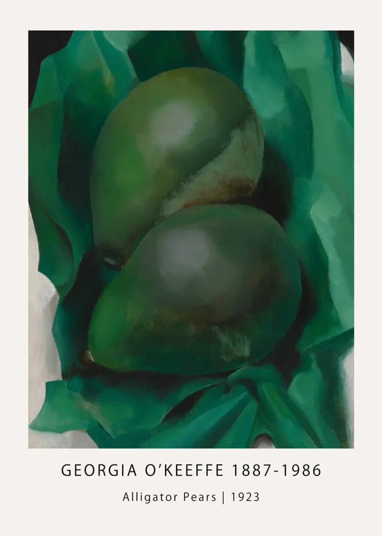 Alligator Pears print showing two green avocados on green fabric in Georgia O'Keeffe's 1923 modernist painting style.