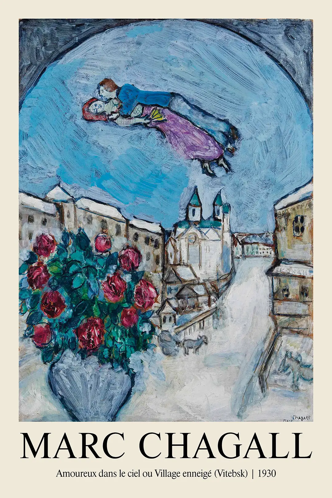 Classic Marc Chagall Art Print - Amoureux Dans Le Ciel 1930 Wall Art Marc Chagall Art Print Showing Two Lovers Floating In A Blue Sky Over The Snowy Russian Village Of Vitebsk With Roses.