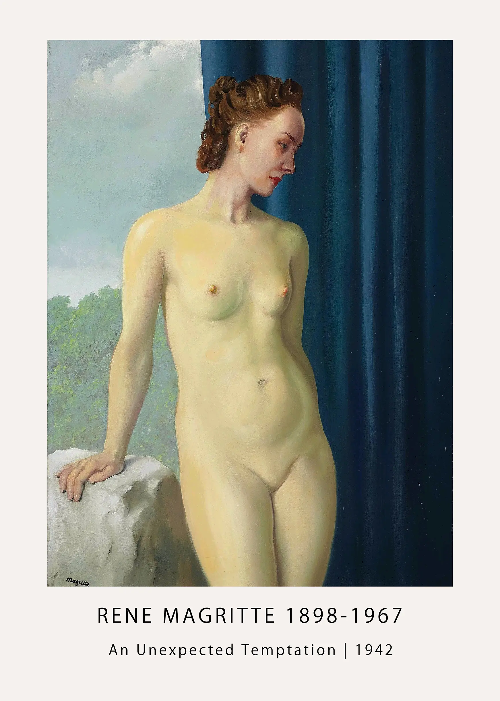 Rene Magritte print of An Unexpected Temptation 1942 featuring a nude woman, a blue curtain, and a stone pedestal.