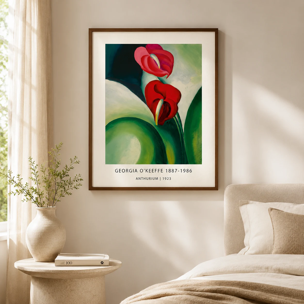 Room mockup of Anthurium Print, Georgia O'Keeffe Red Flower Wall Art Print, displayed as framed wall art in a bedroom setting as a portrait print with green, yellow, and red tones.