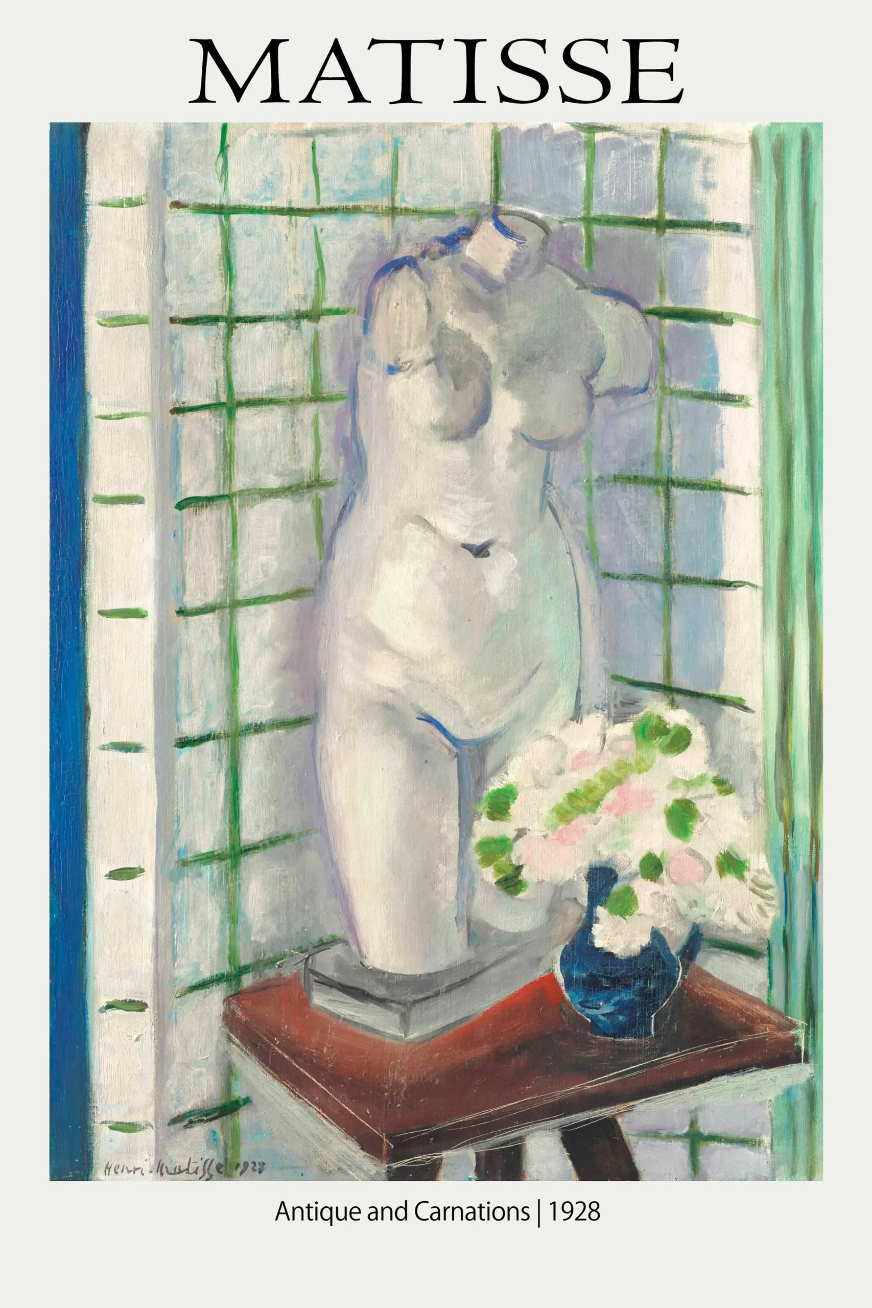 Matisse Antique and Carnations print featuring a classical white plaster torso and white carnations in a blue vase.