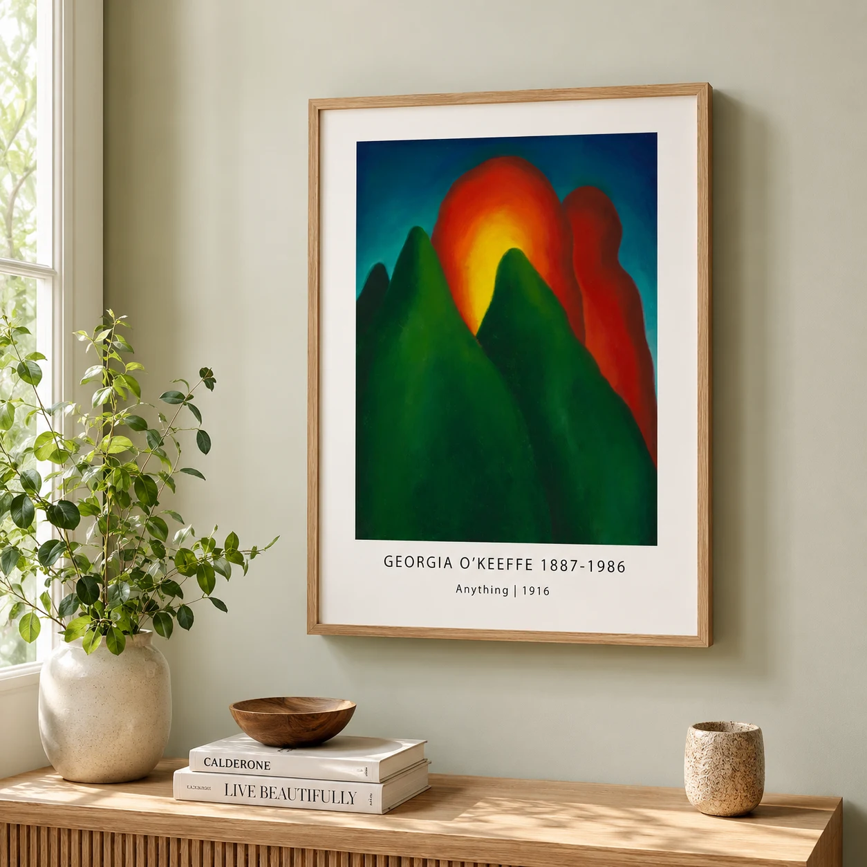 Anything — anything Art Print with soft green hills, red-yellow sky, and early