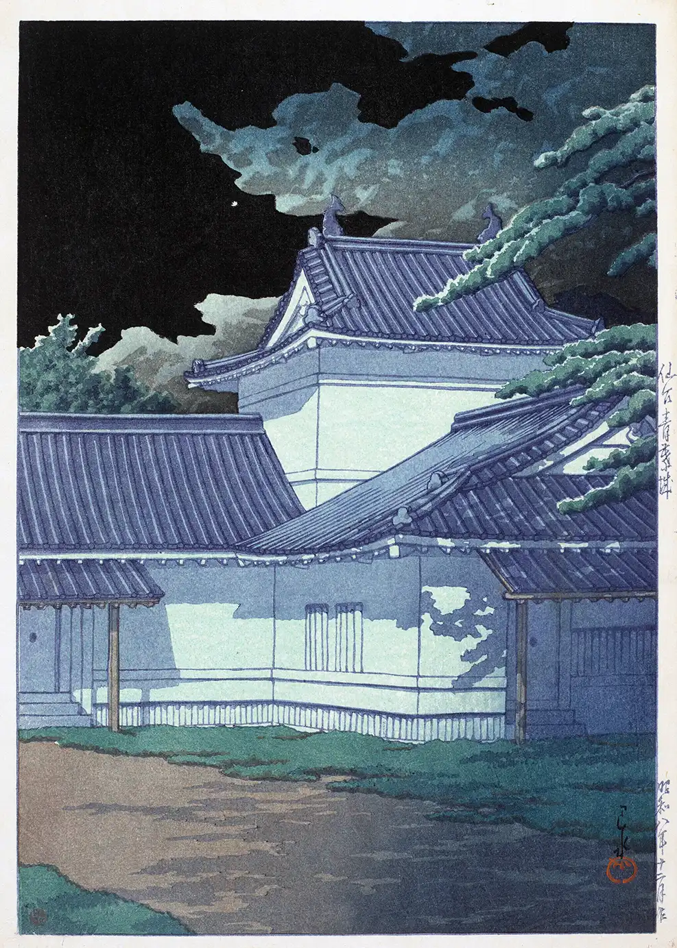Aoba Castle print. Nocturnal Japanese woodblock scene of white castle walls under a dark blue cloudy sky with a moon.