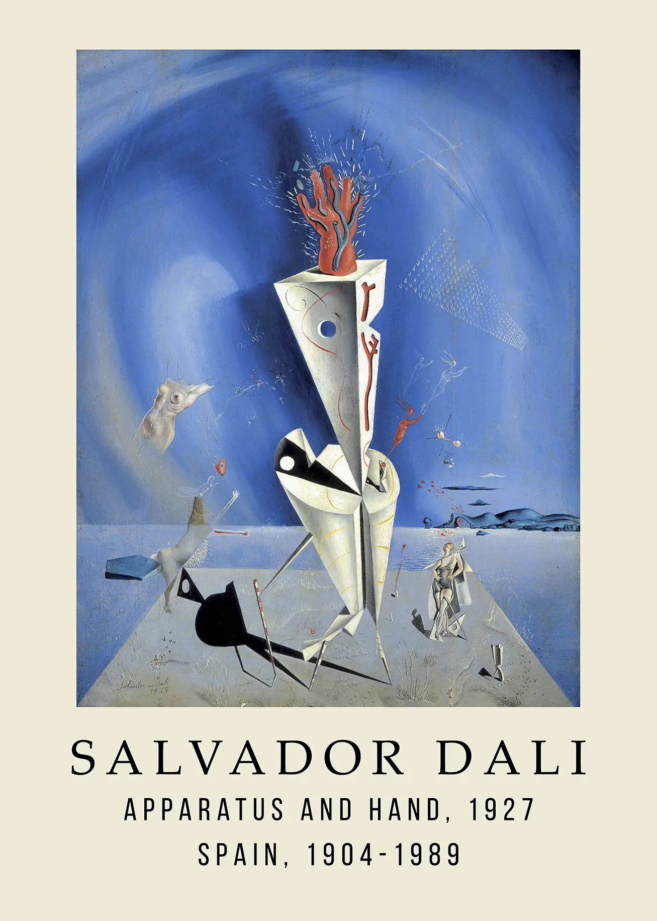 Salvador Dali Apparatus and Hand painting print featuring a red veined hand on a geometric structure with a blue background.