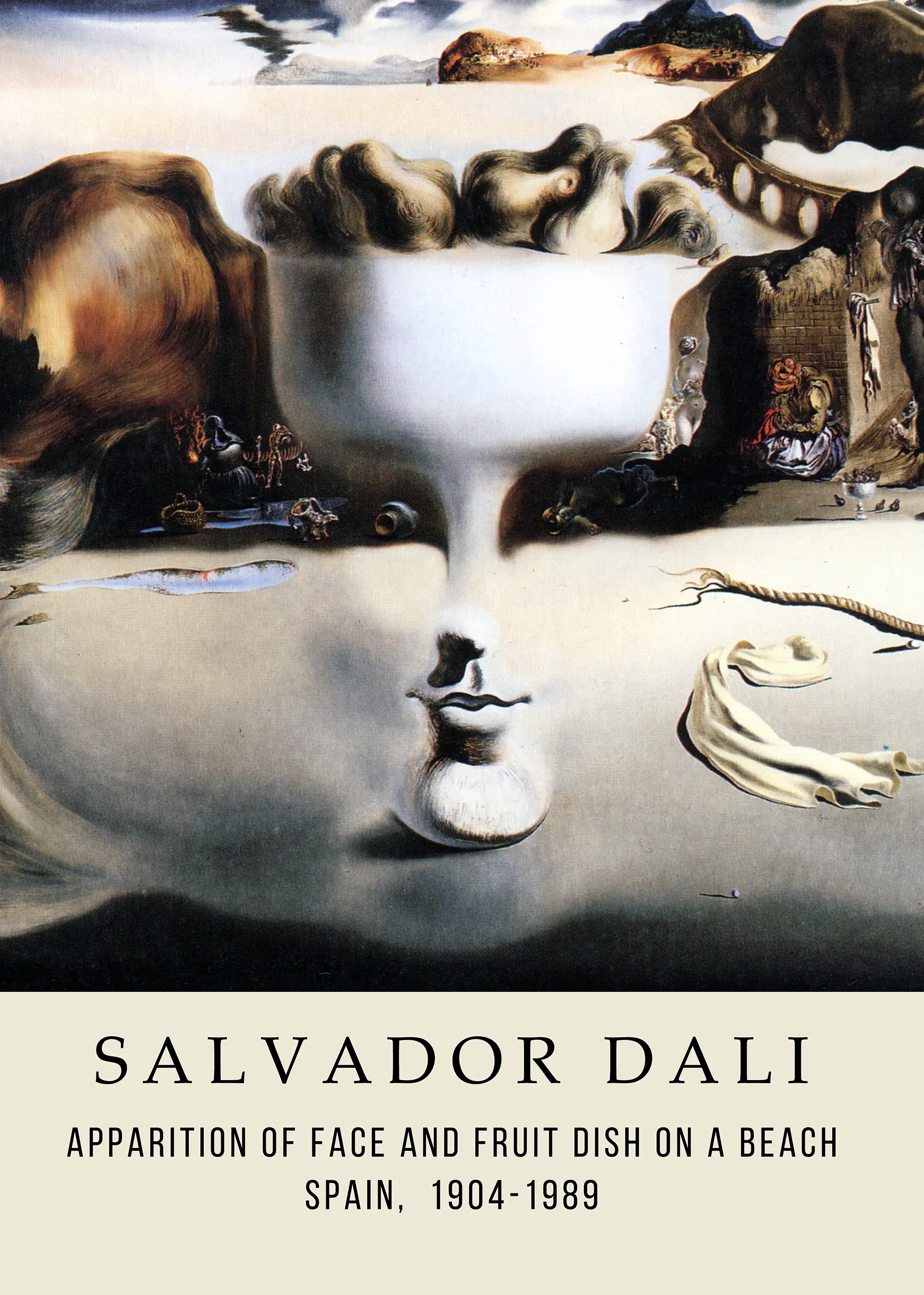 Salvador Dali Art Print - Apparition Of Face And Fruit Dish Wall Decor Salvador Dali Art Print Showing The Apparition Of Face And Fruit Dish On A Beach With Surreal Pears And Dog Imagery.