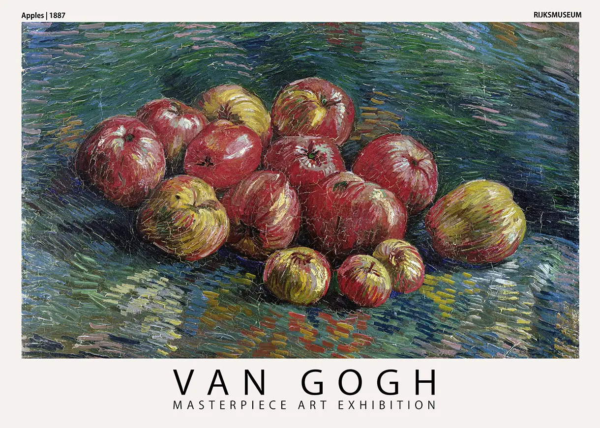 Authentic Van Gogh Apples Print - 1887 Rijksmuseum Exhibition Poster Van Gogh Apples Print Showing 1887 Oil Painting Of Red Fruit On Blue Textured Background For Wall Decor.