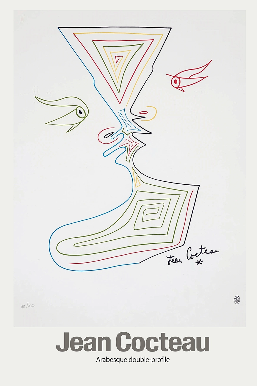 Classic Jean Cocteau Print - Arabesque Double Profile Surrealist Wall Art Jean Cocteau Print Featuring The Arabesque Double-Profile In Multi-Colored Line Art With Bird-Like Eyes And Geometric Shapes.
