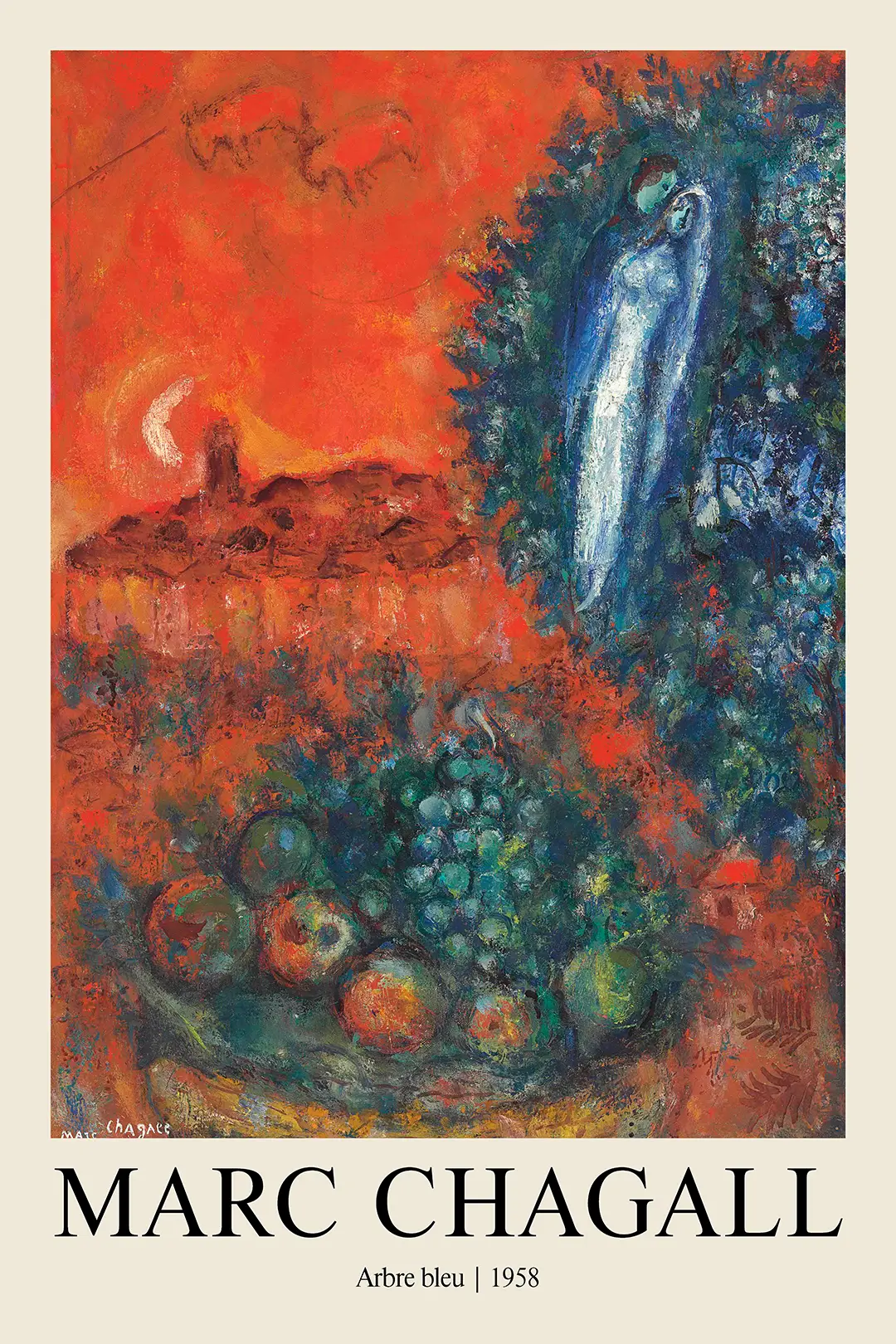 Marc Chagall Print Arbre bleu 1958 showing a blue tree with a ghostly couple, red sky, moon, and foreground fruit bowl.