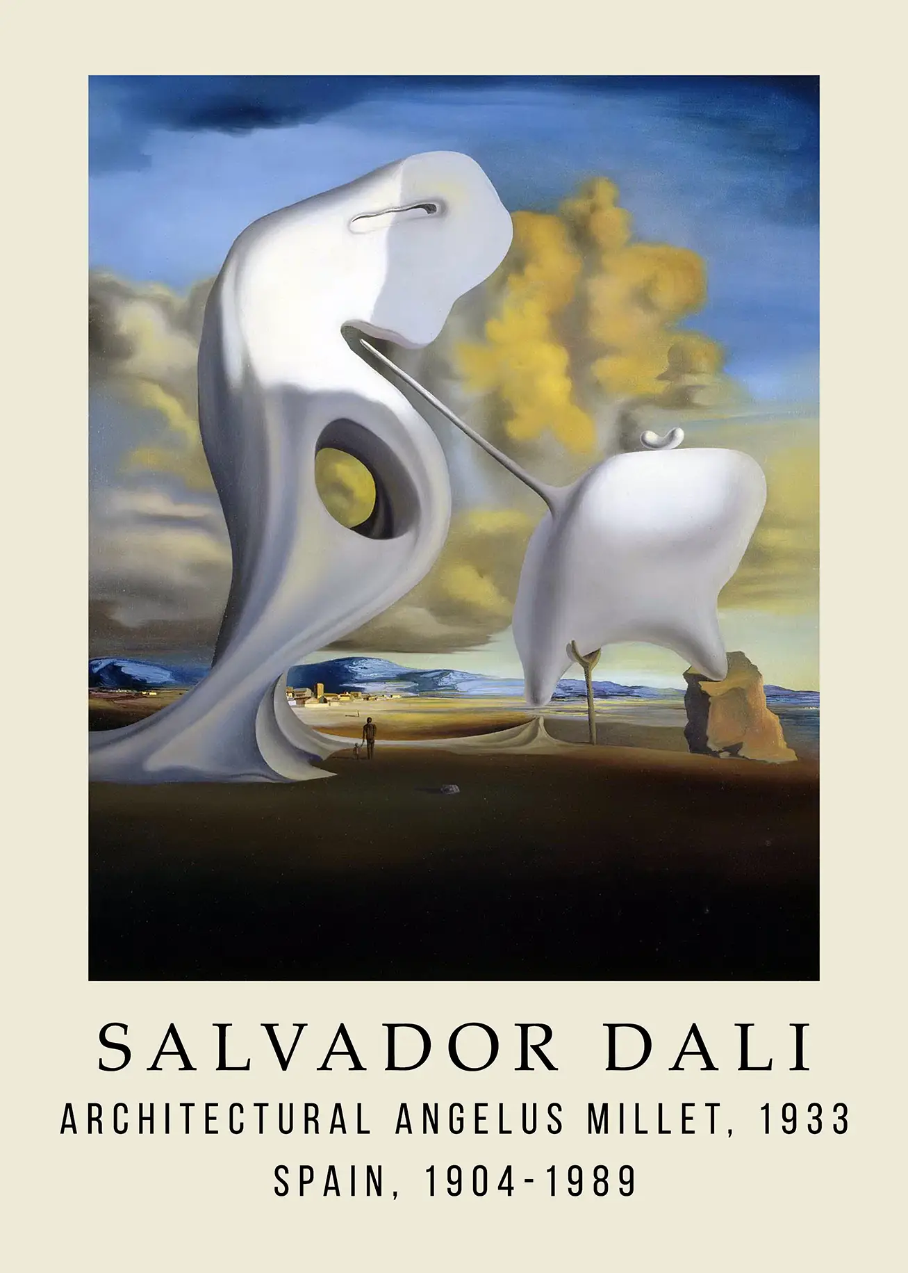 Architectural Angelus Of Millet - Authentic Salvador Dali Surrealism Print Architectural Angelus Of Millet Poster By Salvador Dali Showing White Biomorphic Shapes In A Desert With A Cloudy Sky.