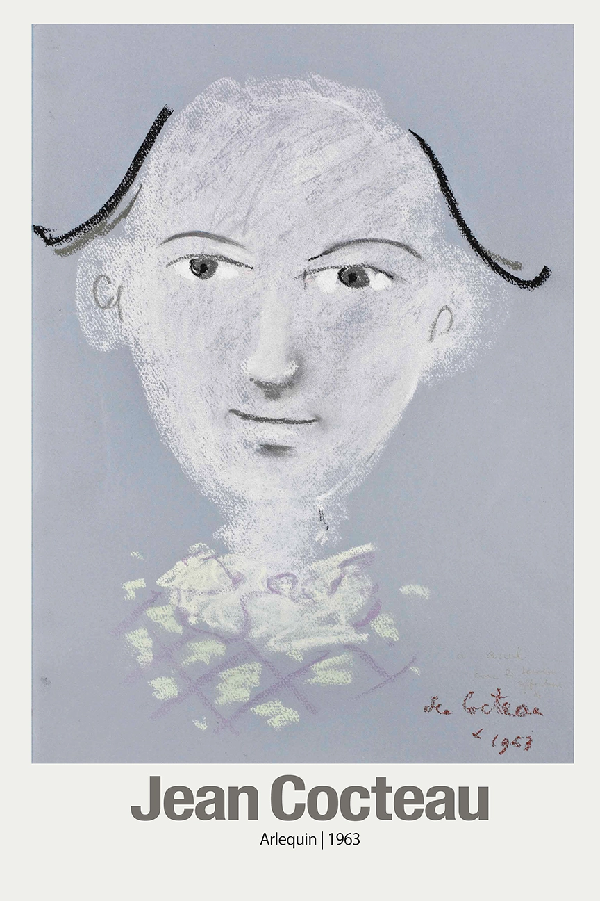 Authentic Jean Cocteau Arlequin Print - 1963 French Modern Art Poster Jean Cocteau Arlequin Print 1963 Pastel Sketch Of A Harlequin Face On Blue Background With White Ruff Collar.