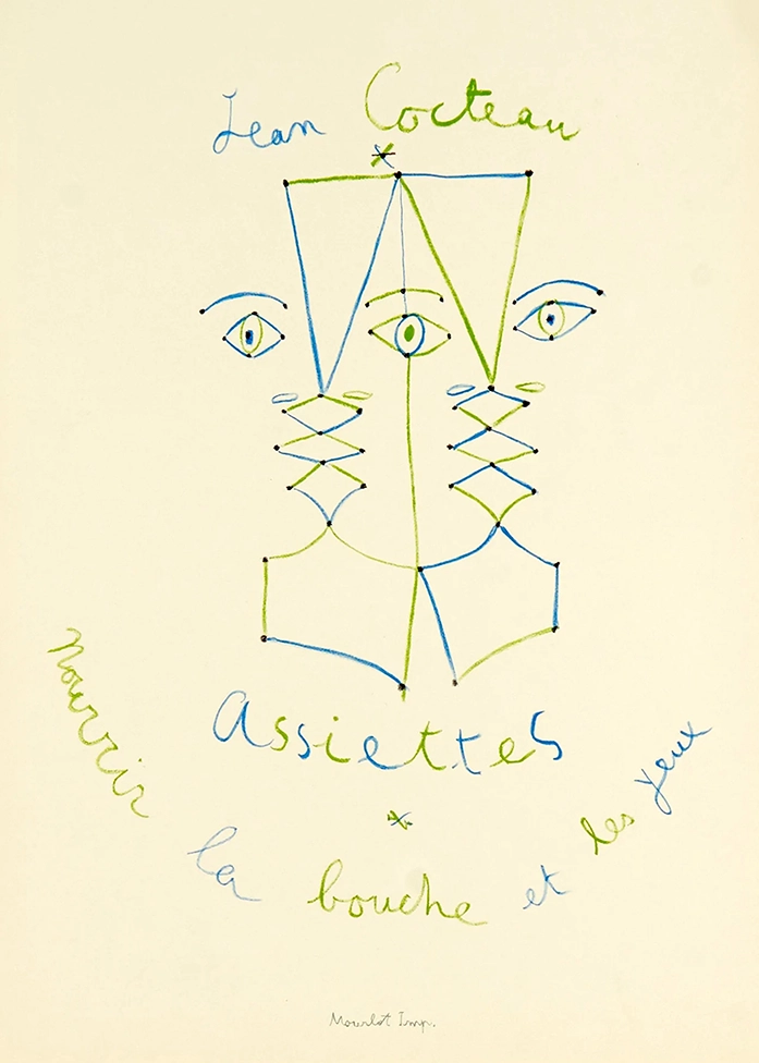Jean Cocteau exhibition poster with blue and green line art faces and Assiettes 1957 French exhibition text.