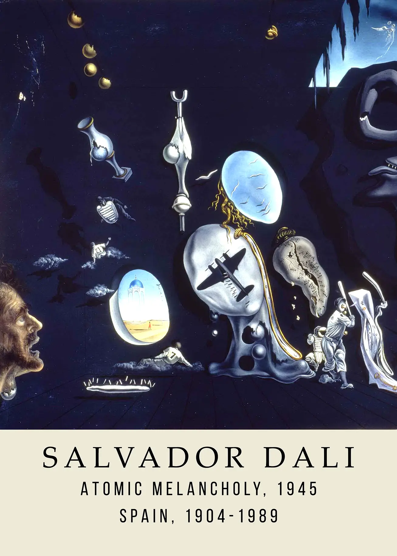 Atomic Melancholy print featuring Salvador Dali's 1945 surrealist painting with an airplane, baseball player, and soft forms.