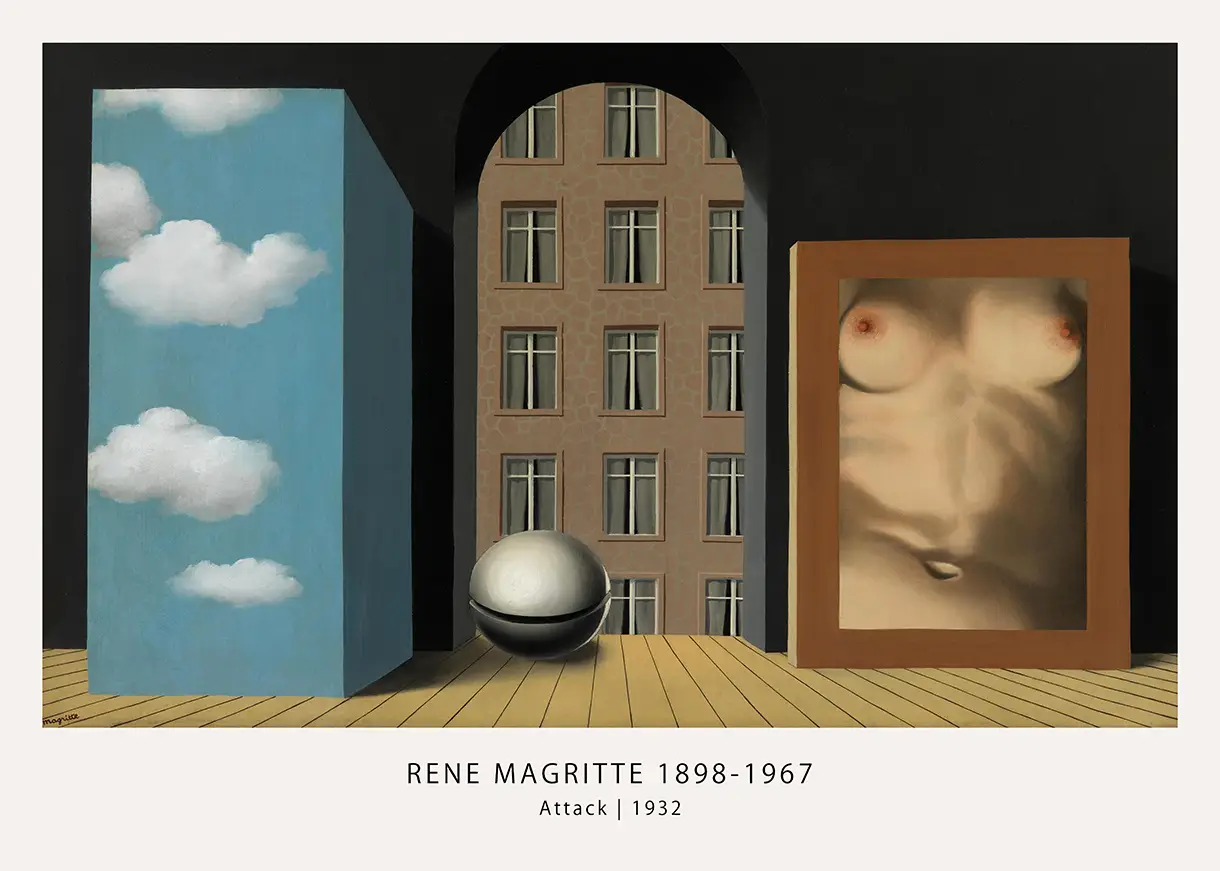 Classic Rene Magritte Attack Print - 1932 Surrealist Fine Art Poster Rene Magritte Attack Print Showing 1932 Surrealist Painting With Blue Cloud Block, Silver Sphere, And Framed Female Torso.