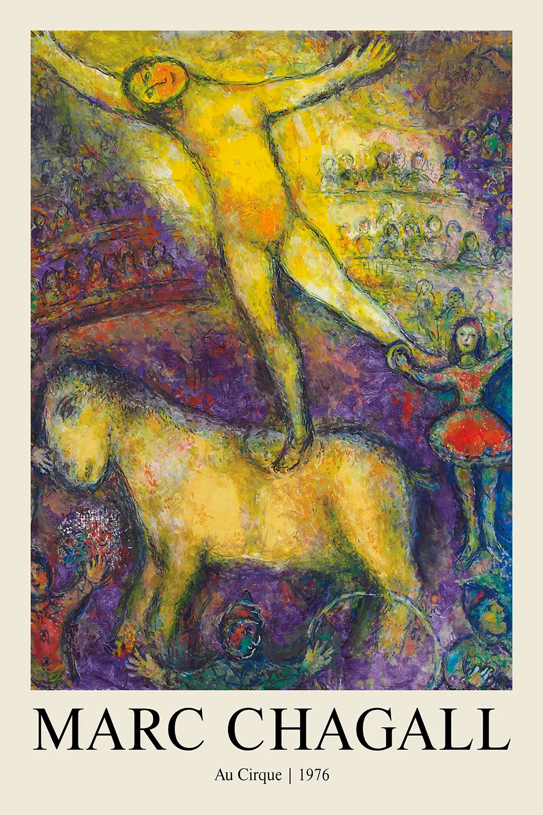 Classic Marc Chagall Circus Print - Au Cirque 1976 Modern Art Poster Marc Chagall Circus Print Featuring A Yellow Acrobat On A Horse In A Purple Arena With 1976 Typography At The Bottom.