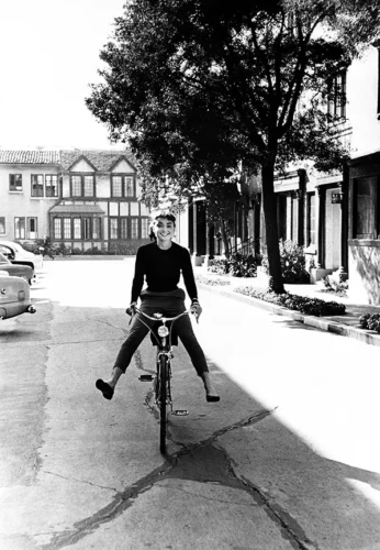 Audrey Hepburn on Bicycle Black and White Photography Print