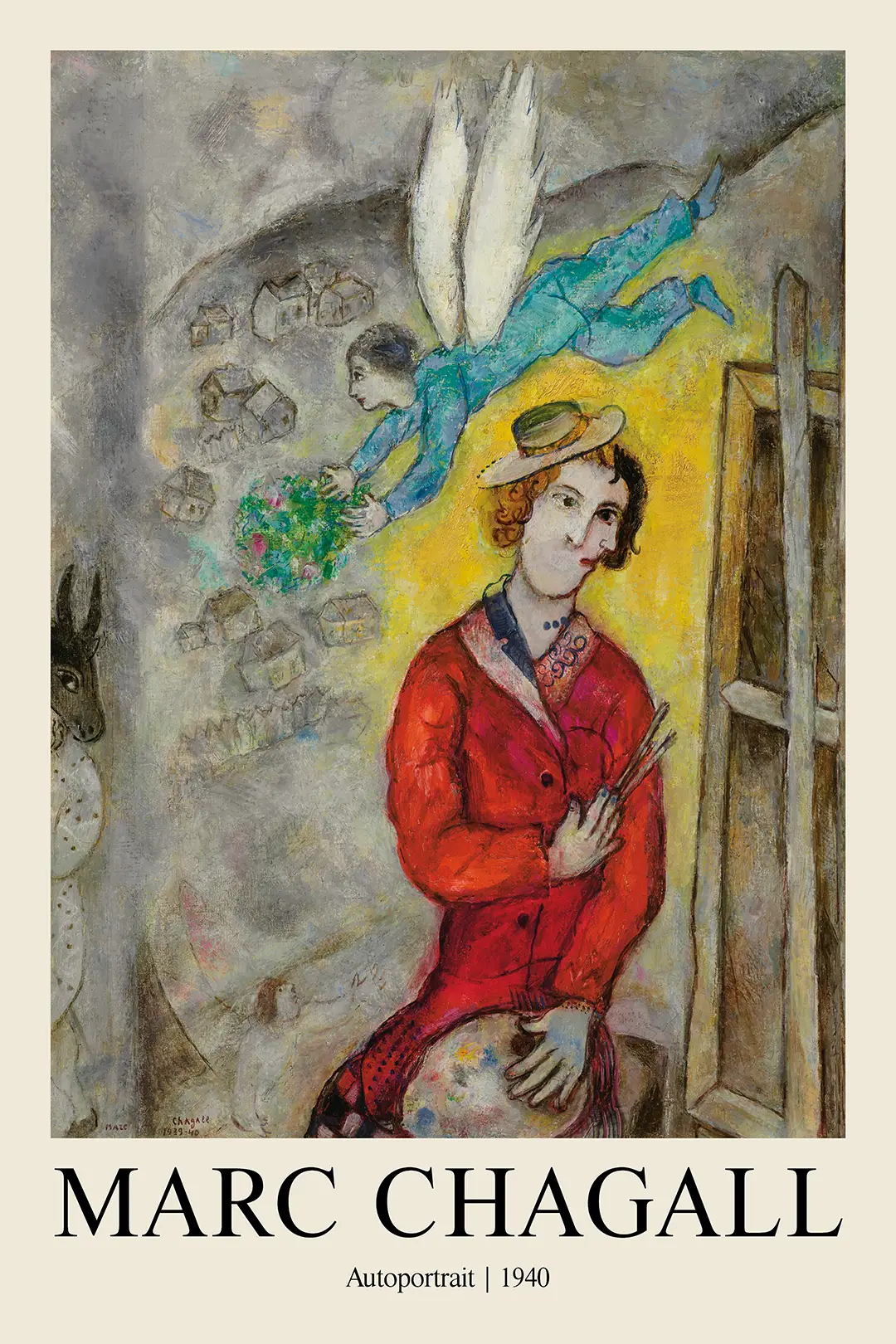 Classic Marc Chagall Autoportrait - 1940 Modernist Fine Art Print Marc Chagall Autoportrait 1940 Fine Art Print Showing The Artist In A Red Coat With An Angel And Floating Village.