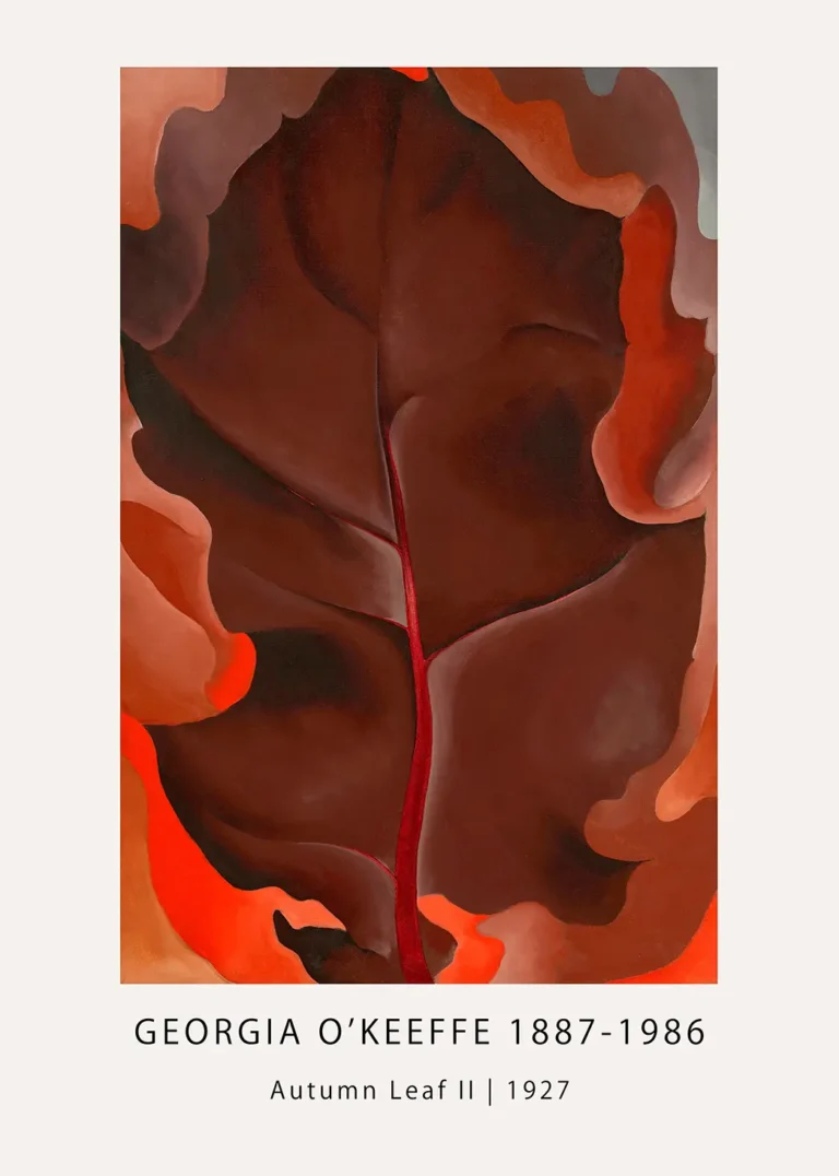 Georgia O'Keeffe print featuring the 1927 Autumn Leaf II painting with deep red, brown, and orange tones.