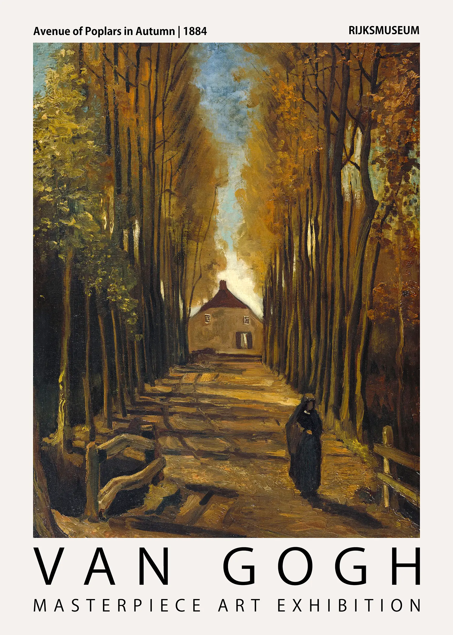Van Gogh Autumn Poster - Avenue Of Poplars In Autumn 1884 Art Print Van Gogh Autumn Poster Showing A Solitary Figure Walking Down A Tree-Lined Path Toward A Small Dutch Cottage In 1884.