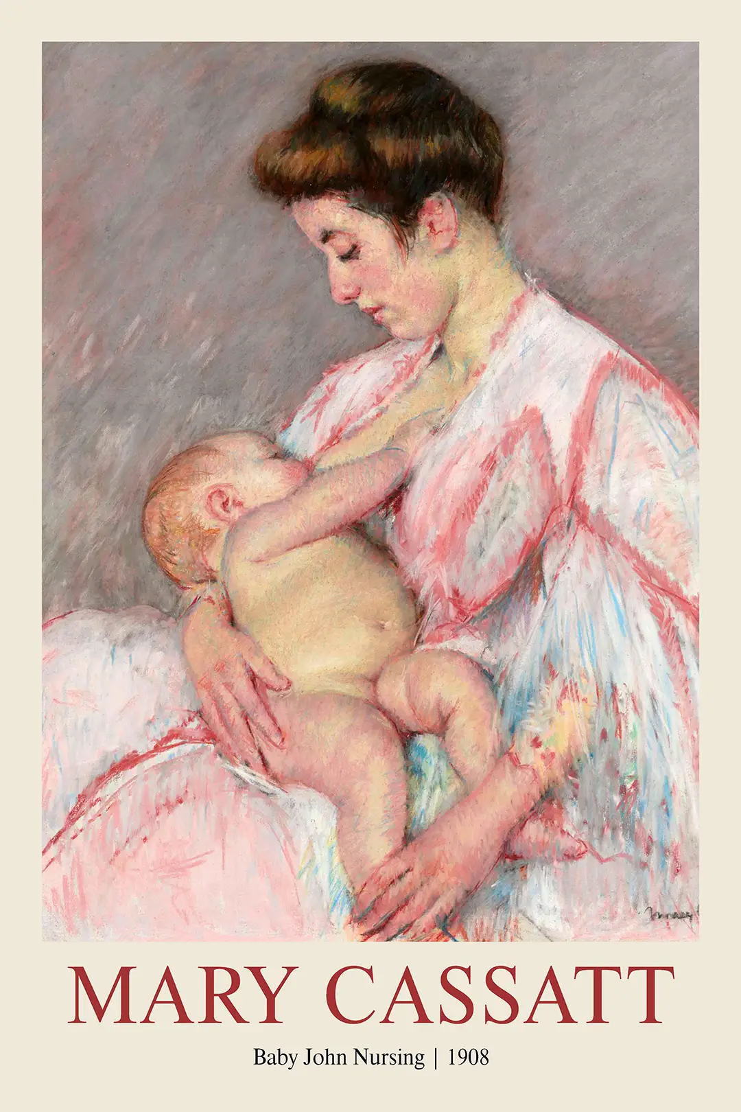 Mary Cassatt art print of Baby John Nursing 1908 featuring a mother breastfeeding in soft pastel Impressionist style.