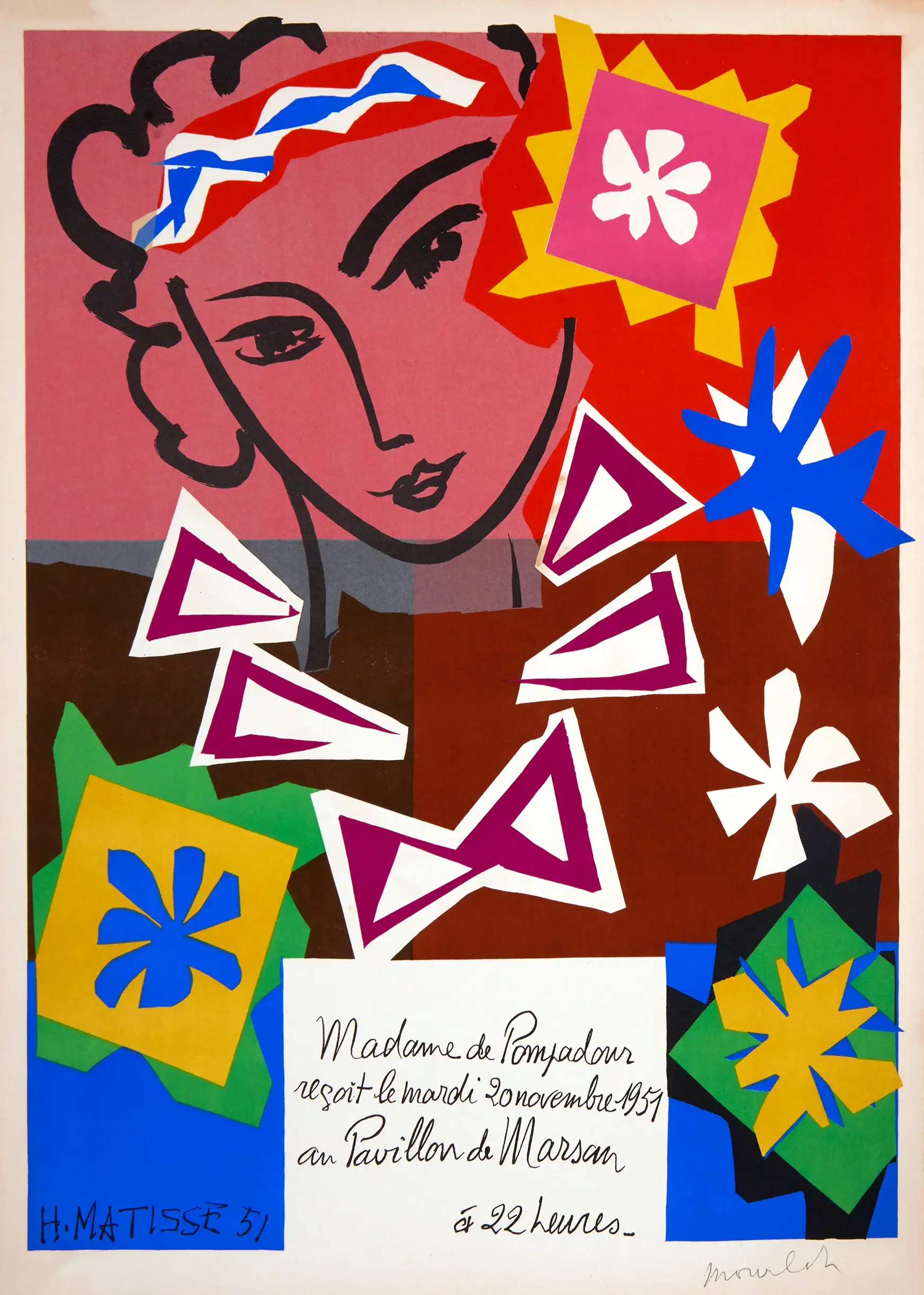 Matisse Madame De Pompadour - Exclusive 1951 Exhibition Poster Print Matisse Madame De Pompadour 1951 Exhibition Poster With Red And Yellow Cut-Out Shapes And Minimalist Portrait Line Art.