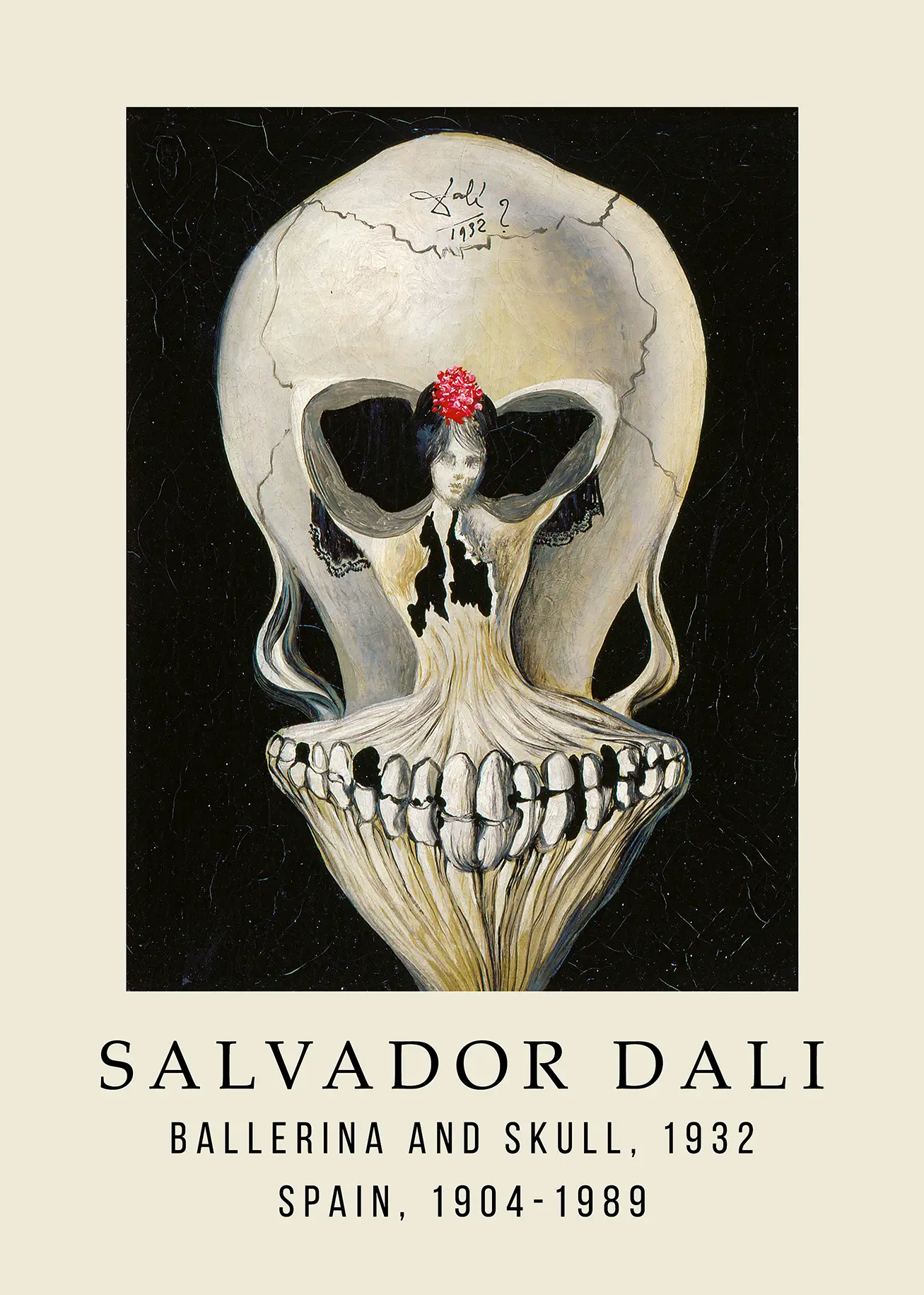 Salvador Dali Ballerina and Skull 1932 surrealist painting showing a dancer forming the shape of a skull on matte paper.