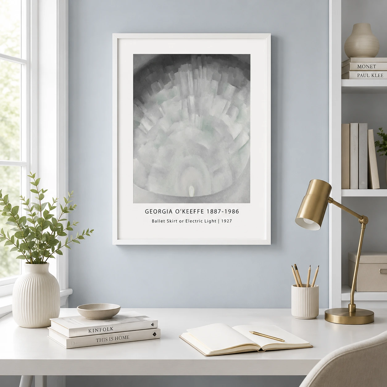 Room mockup of Ballet Skirt Print, O'Keeffe Electric Light Abstract Wall Art Print, displayed as framed wall art in a living room setting as a portrait print with grey and white tones.