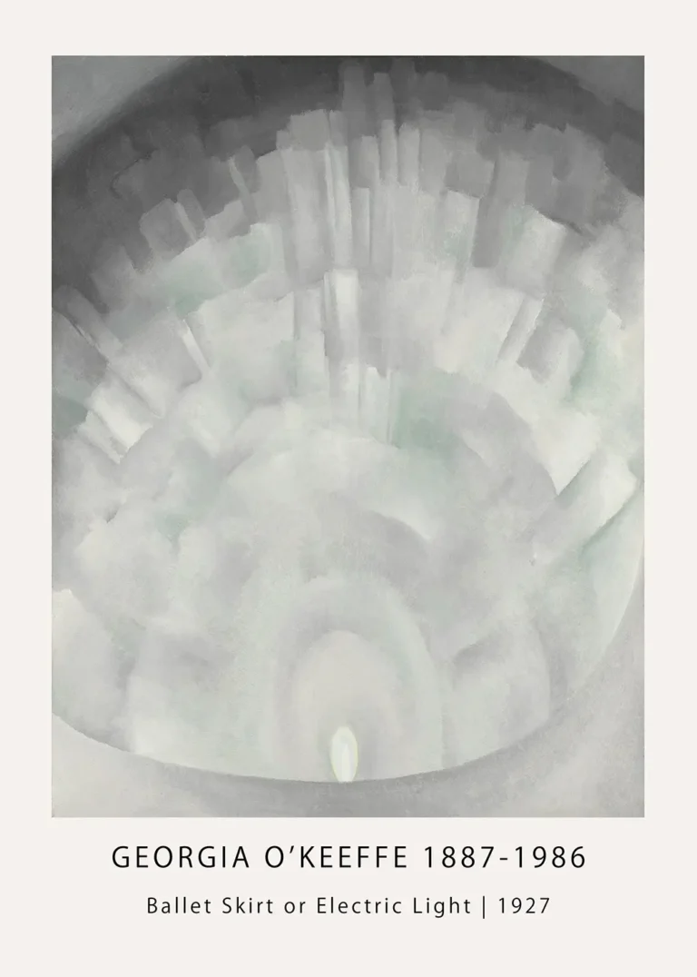 Georgia O'Keeffe print of the 1927 painting Ballet Skirt or Electric Light featuring abstract grey and white curved forms.