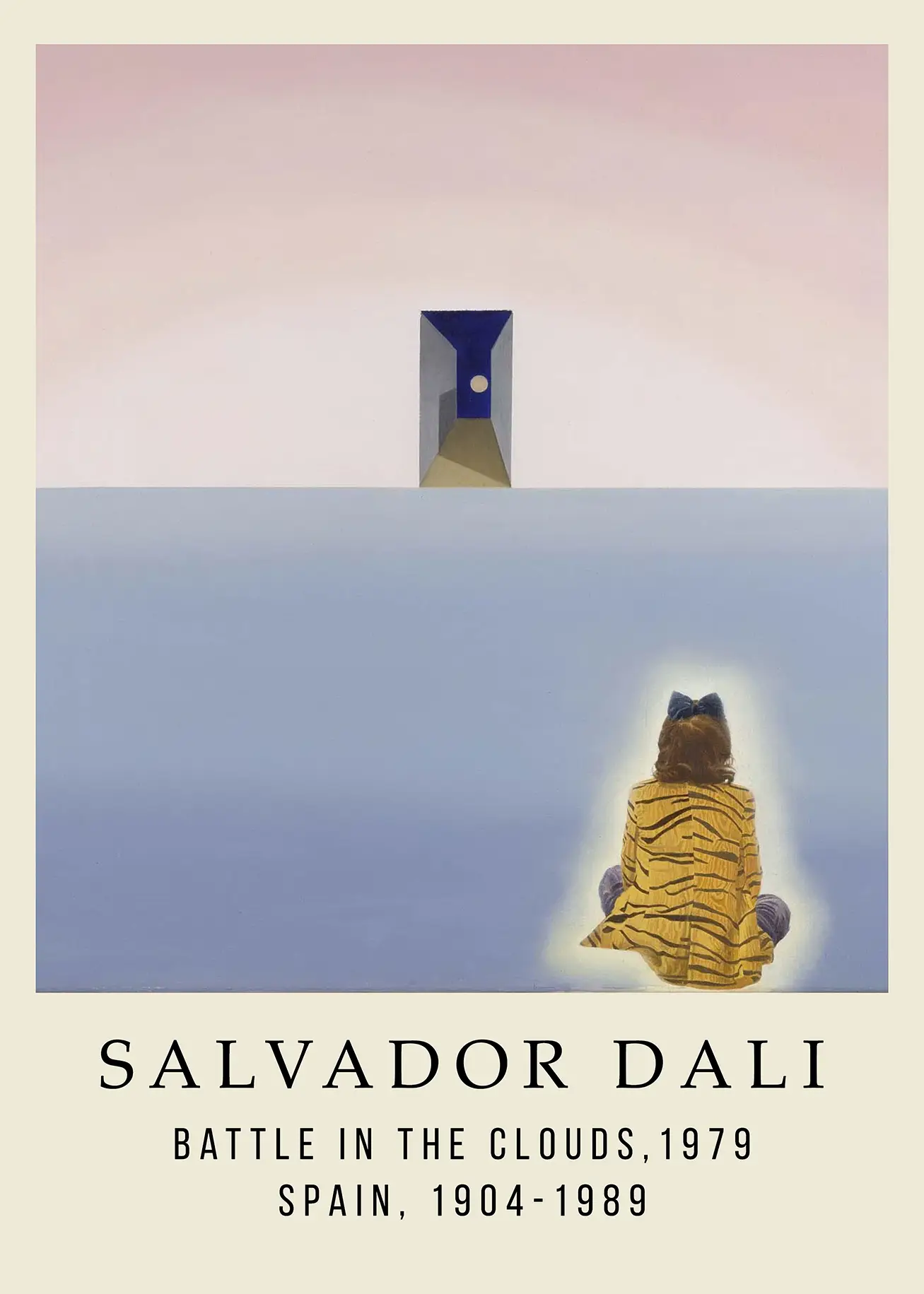 Salvador Dali Poster - Battle In The Clouds 1979 Surrealist Wall Art Salvador Dali Poster Battle In The Clouds 1979 Showing A Person In Tiger Print Coat Facing A Doorway Portal.