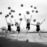 Vintage Beach Girls with Balloons Black and White Photography Print