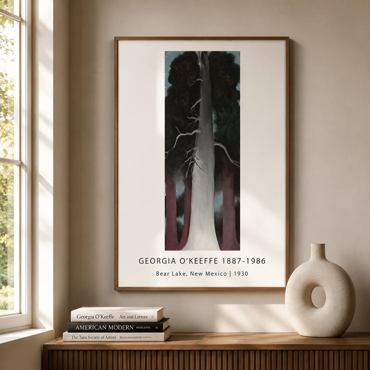 Room mockup of Bear Lake Art Print, Georgia O'Keeffe New Mexico Landscape, displayed as framed wall art in a living room setting as a portrait print.