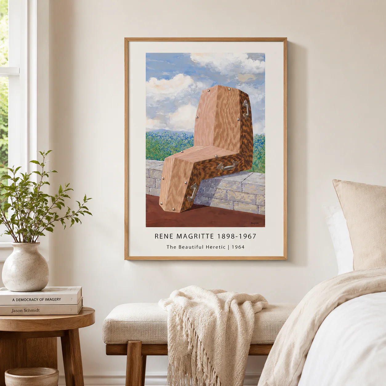 Room mockup of Beautiful Heretic Print, Magritte Coffin Wall Art Print, displayed as framed wall art in a living room setting as a portrait print with blue tones.