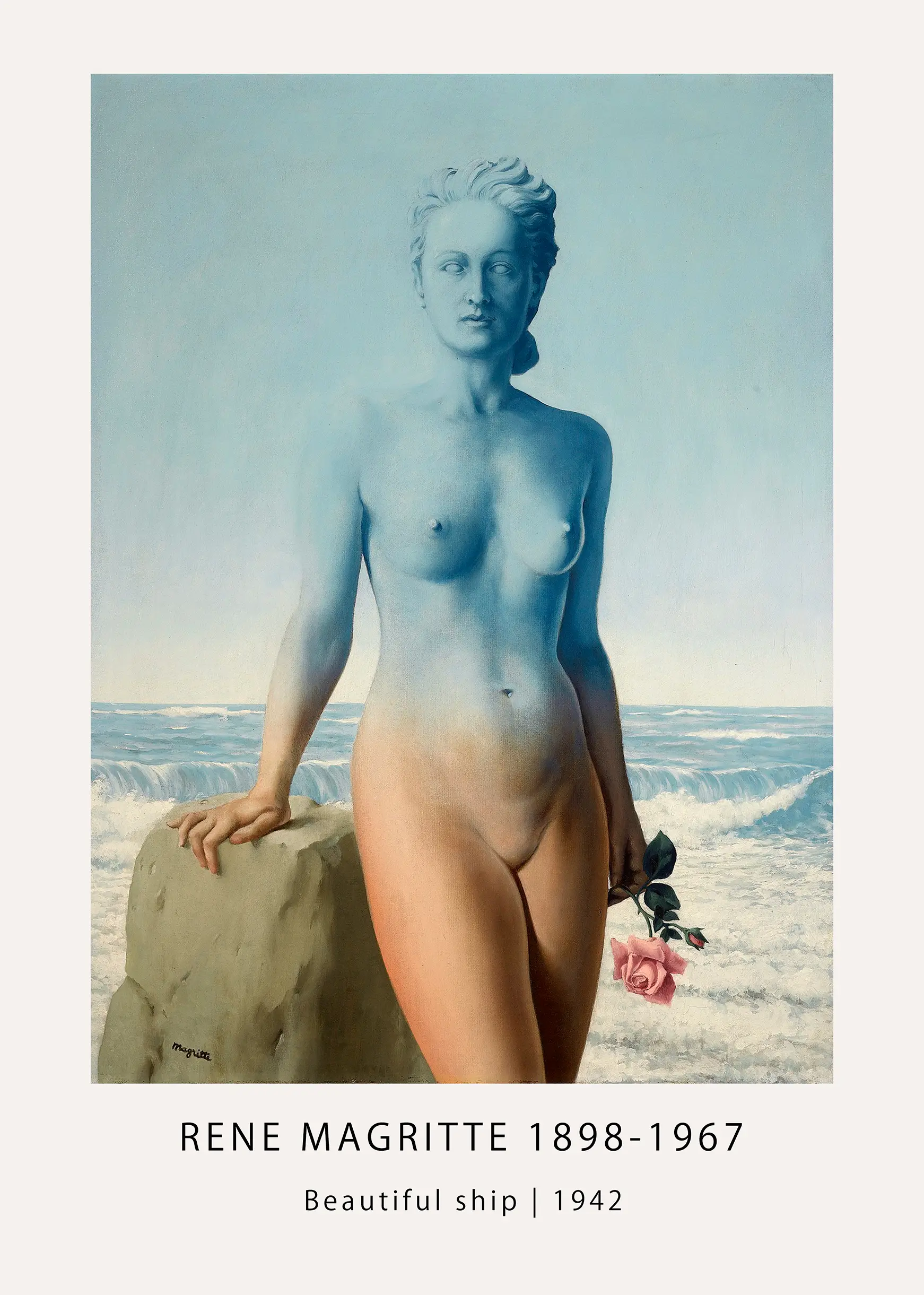 Exclusive Rene Magritte Print - Le Beau Navire 1942 Surrealism Poster Rene Magritte Print Le Beau Navire 1942 Featuring A Woman With Sky-Blue Skin Holding A Rose By The Ocean Waves.