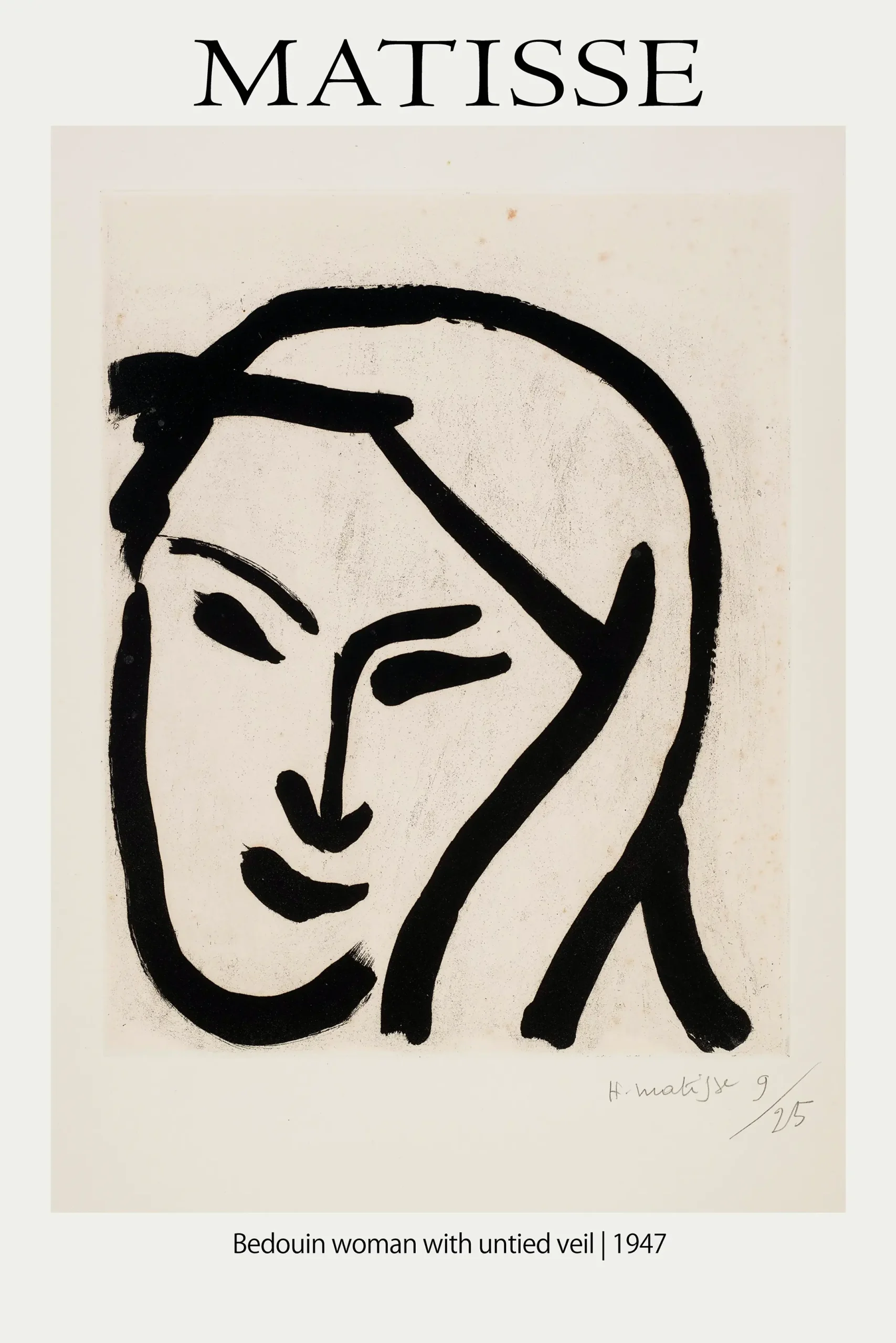 Exclusive Matisse Bedouin Print - 1947 Minimalist Line Art Poster Matisse Bedouin Print Showing A Minimalist Black Ink Sketch Of A Woman'S Face And Veil From 1947.