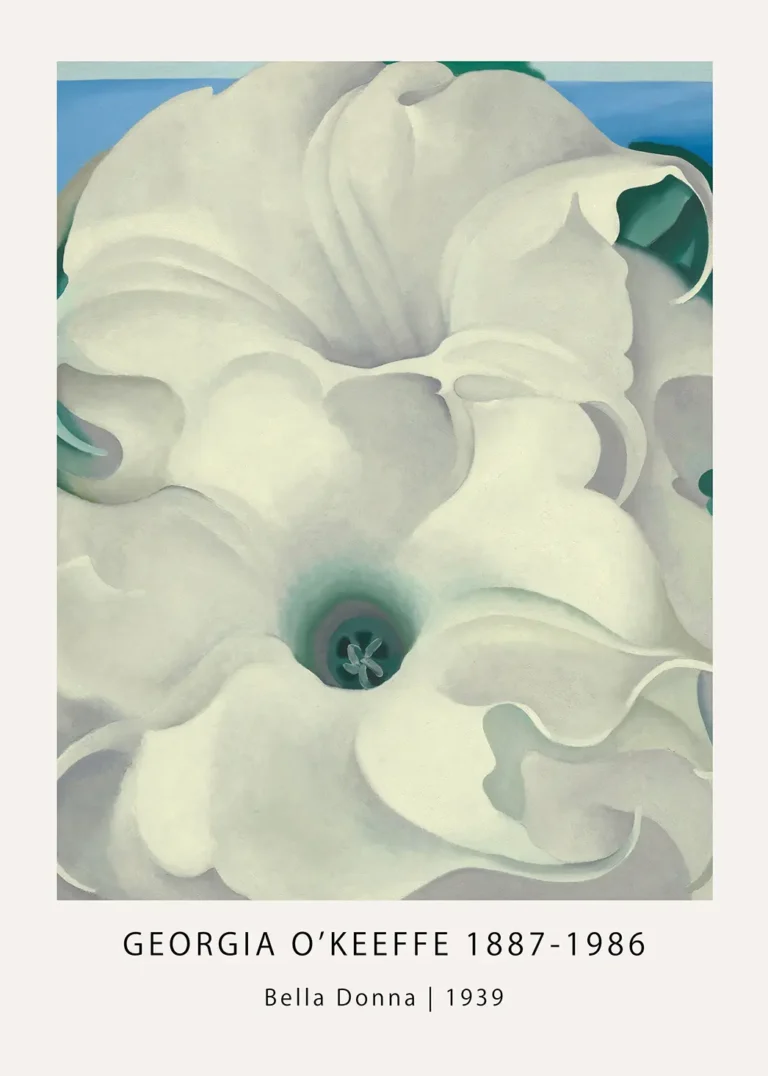 Georgia O'Keeffe print showing a close-up white Bella Donna flower with swirling petals and a dark green center.
