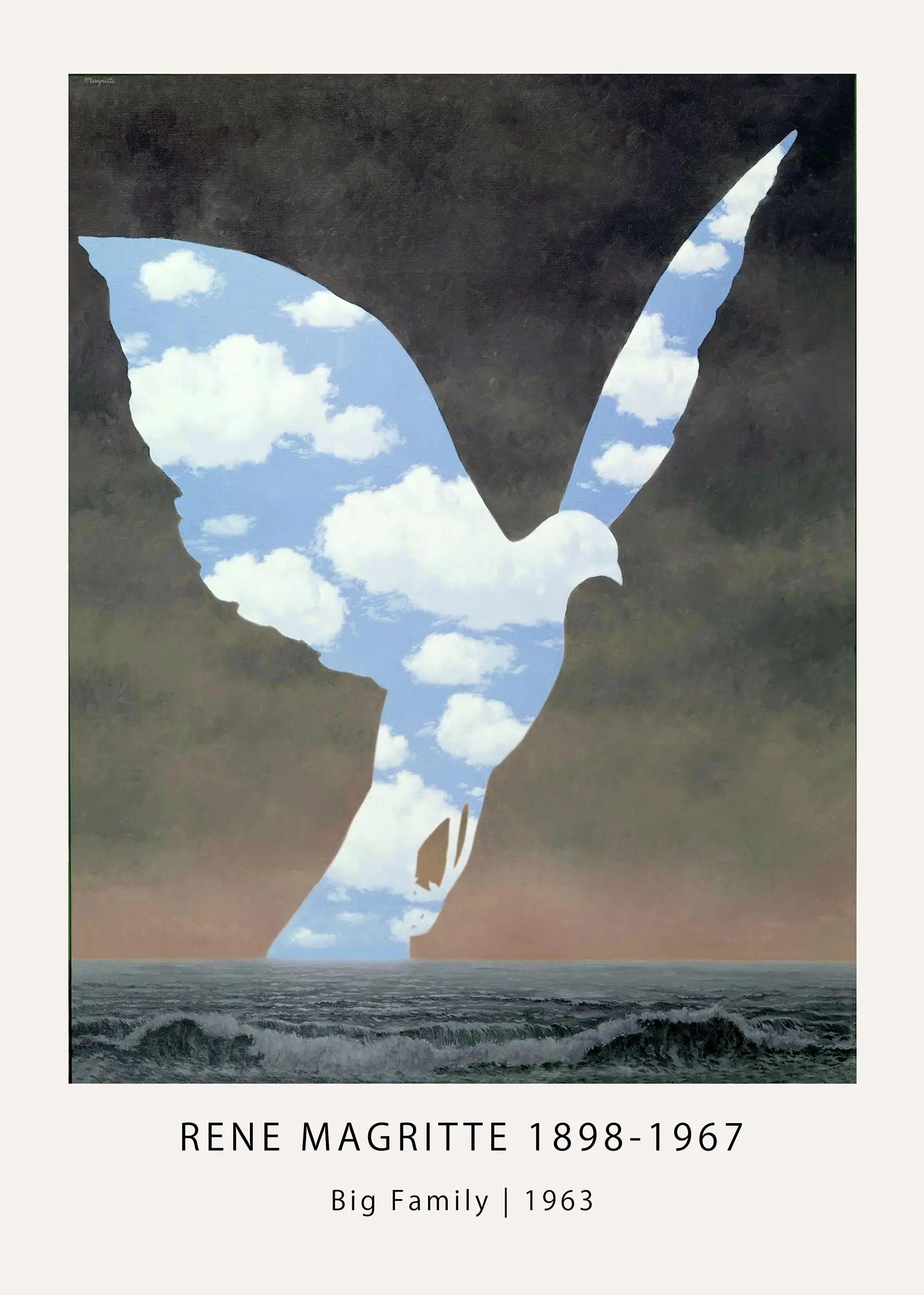 Magritte Big Family Print - 1963 Surrealist Sky Bird Wall Art Magritte Big Family Print Showing A Large Bird Silhouette Filled With Blue Sky And White Clouds Over A Dark Stormy Ocean.