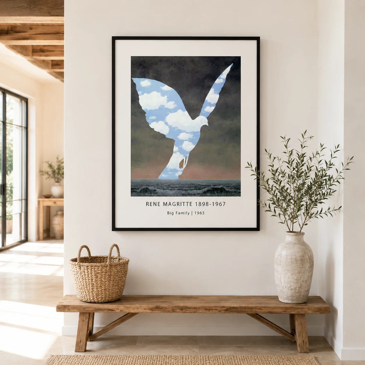Room mockup of Big Family Print, Magritte Bird Sky Surrealist Wall Art Print, displayed as framed wall art in a bedroom setting as a portrait print with blue and white tones.