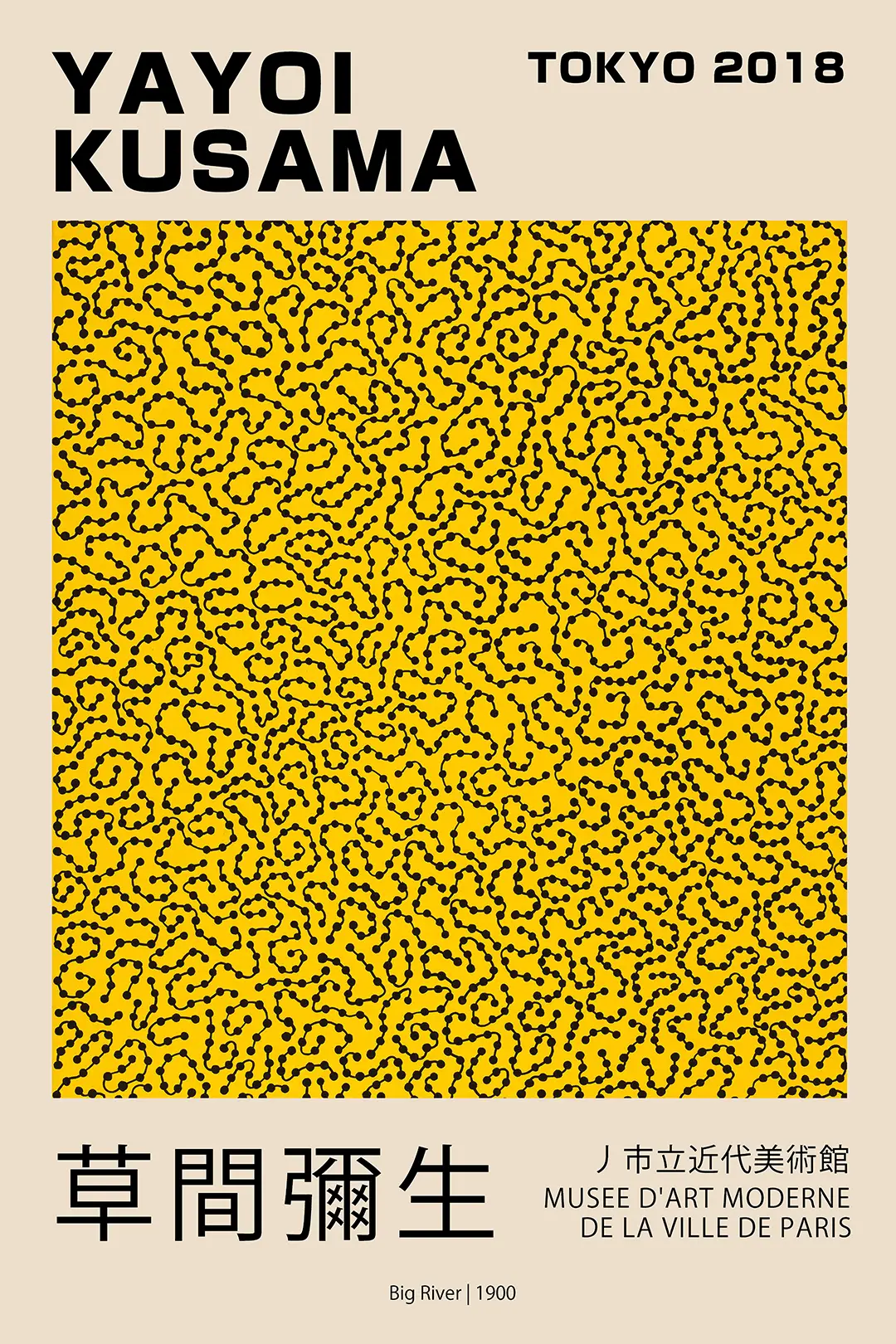 Yayoi Kusama poster featuring black infinity net patterns on a yellow background for the Big River 1900 Tokyo exhibition.
