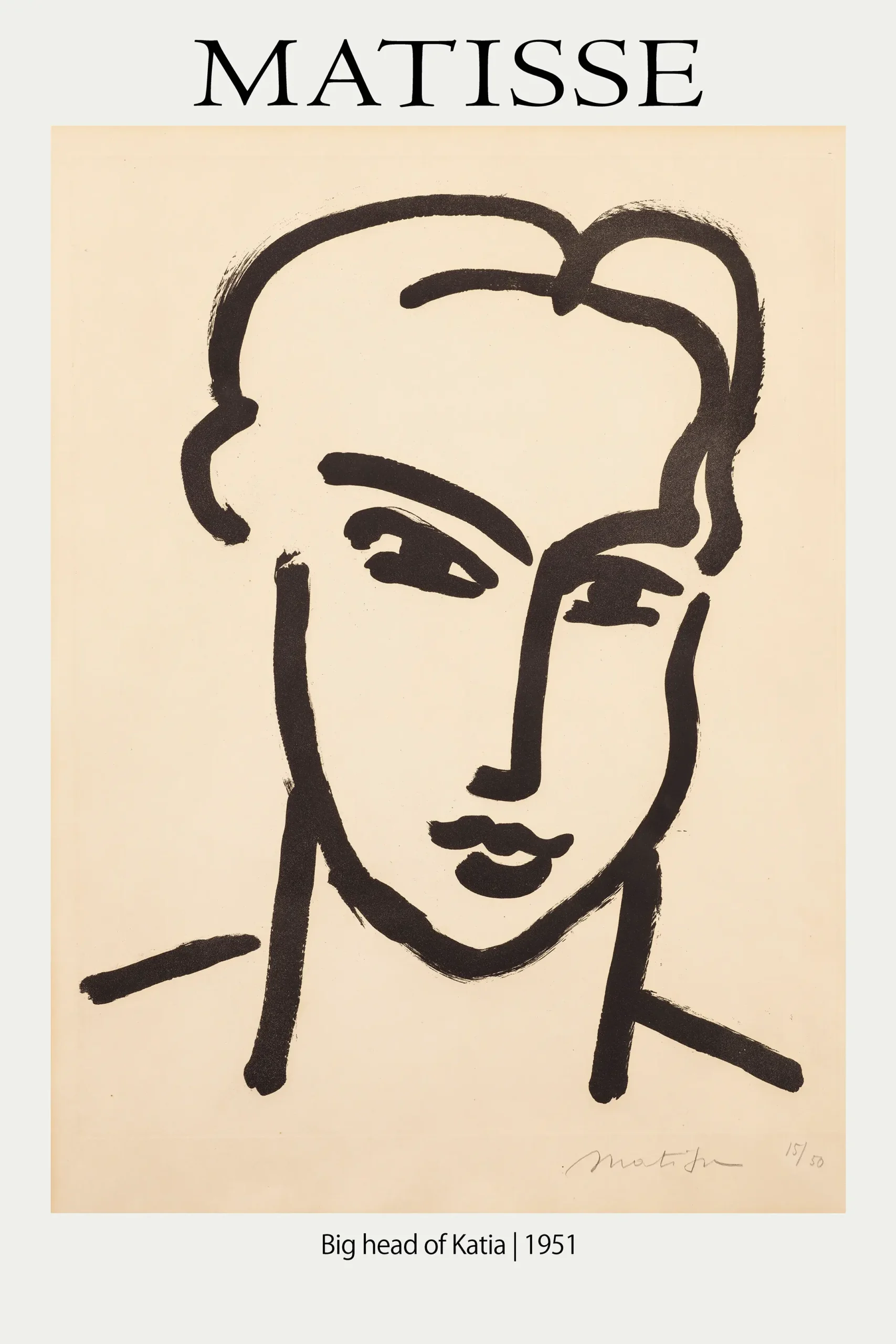 Classic Matisse Katia Print - 1951 Modernist Face Line Art Wall Decor Matisse Katia Print Showing Bold Black Minimalist Line Art Of A Woman'S Face On A Cream Background From 1951.