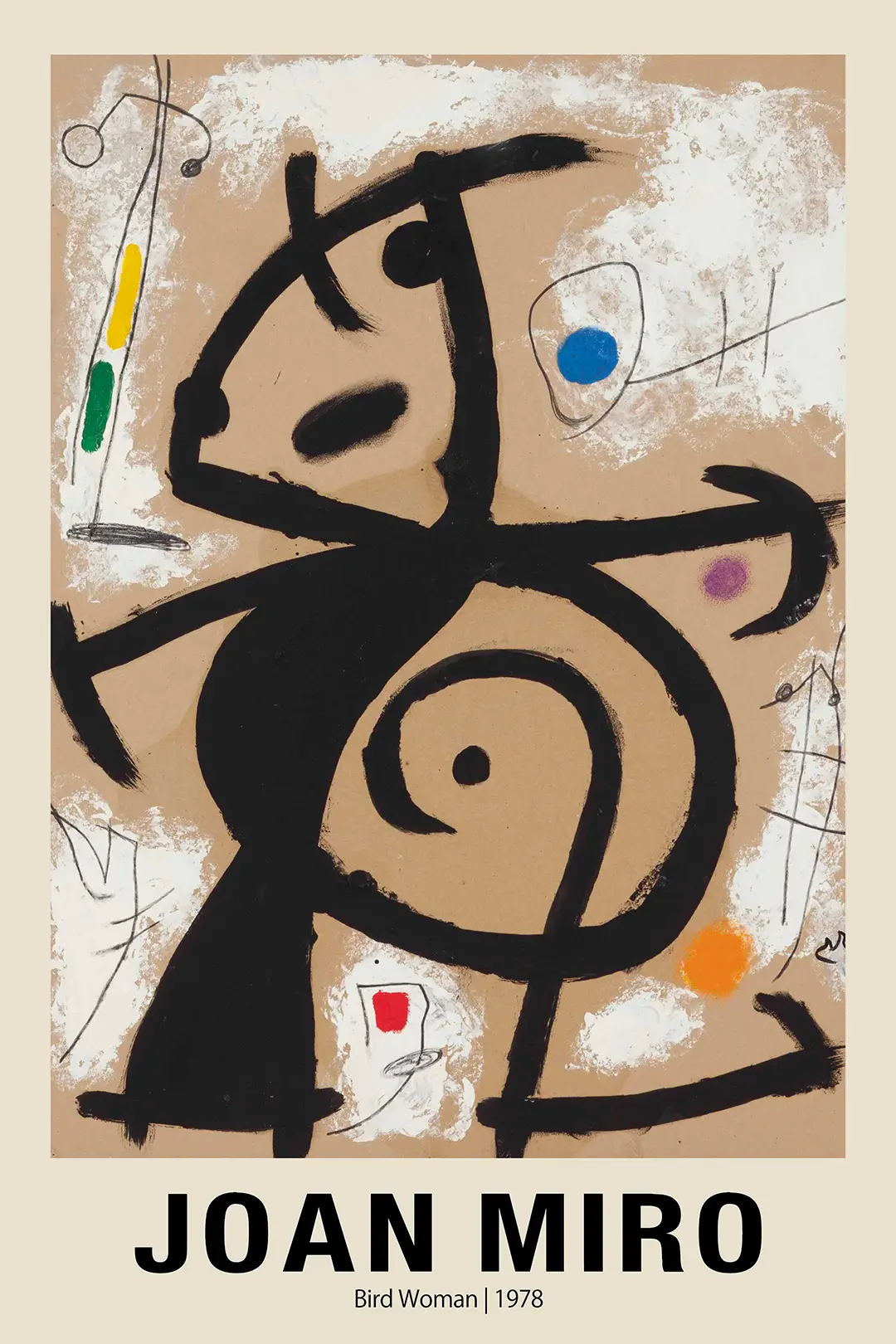 Joan Miro Print of 1978 Bird Woman featuring black spiral lines and primary color dots on a tan background.