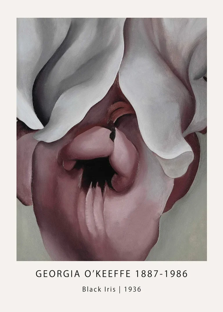 Black Iris Print by Georgia O'Keeffe, 1936 macro painting of a flower with dark purple and grey petals.