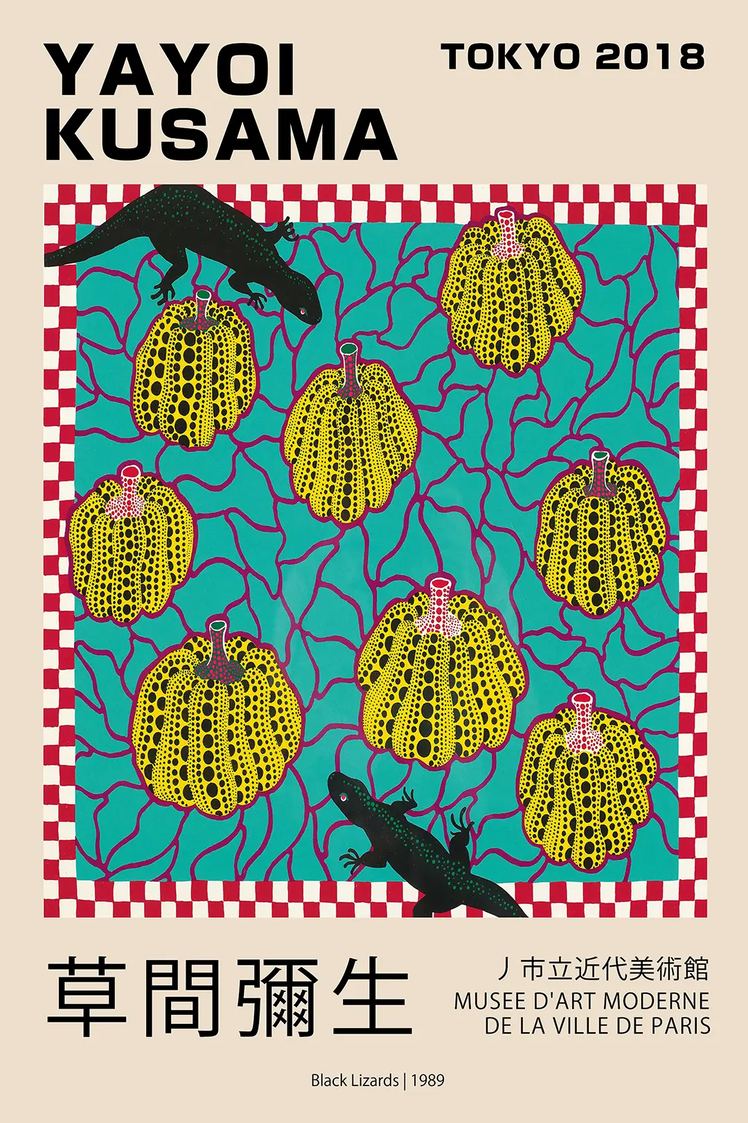 Yayoi Kusama Poster - Black Lizards 1989 Japanese Museum Print Yayoi Kusama Poster Featuring Yellow Pumpkins With Black Dots And Black Lizards On A Teal Background With Red Veins.