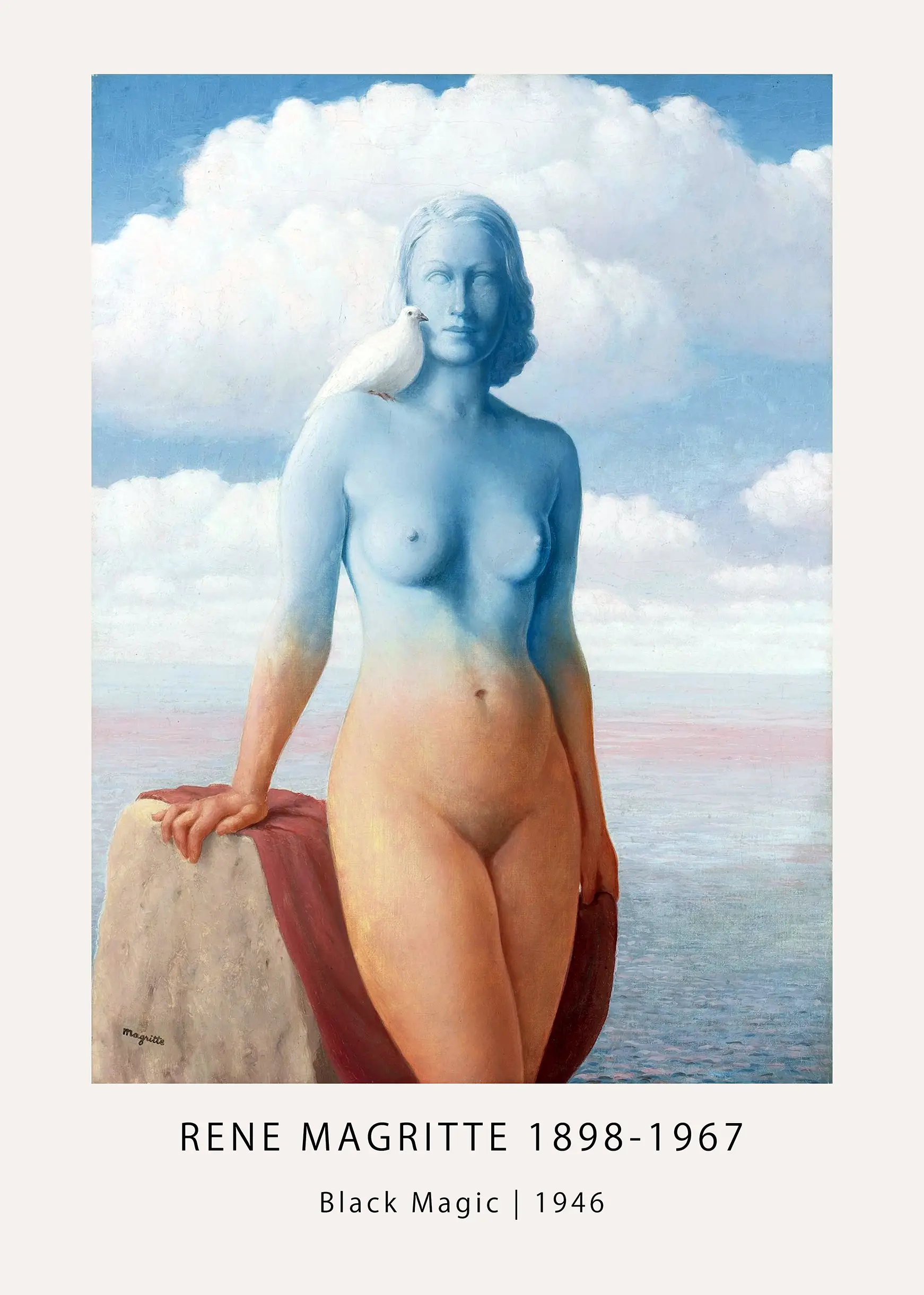 Magritte Black Magic Print - Authentic 1946 Surrealist Art Poster Magritte Black Magic Print Showing A Woman'S Body Transitioning Into A Blue Sky With A White Dove On Her Shoulder.
