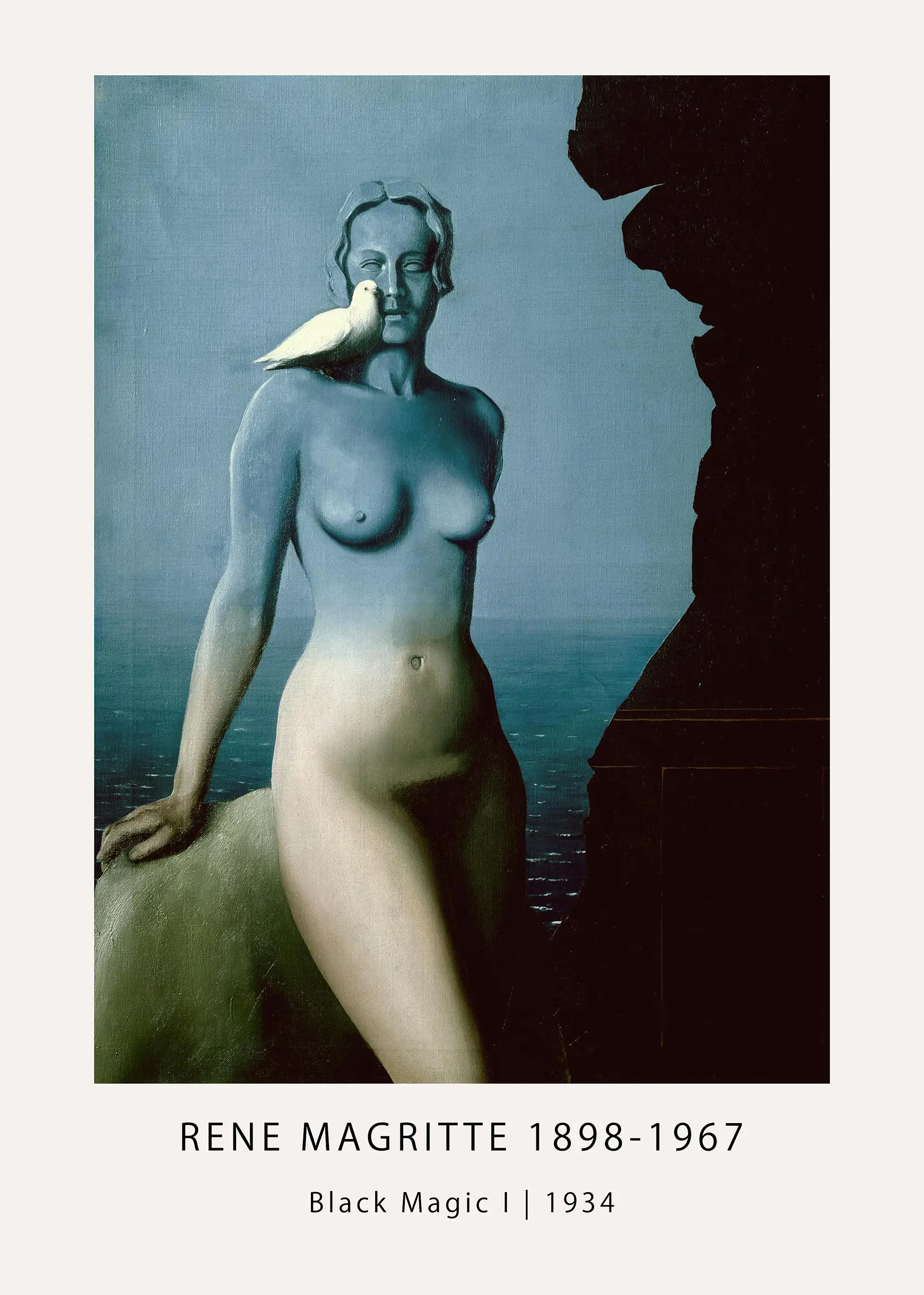 Classic Magritte Black Magic Print - 1934 Rene Magritte Surrealist Art Magritte Black Magic Print Showing A Nude Woman Blending Into A Blue Sky With A White Bird On Her Shoulder By The Sea.