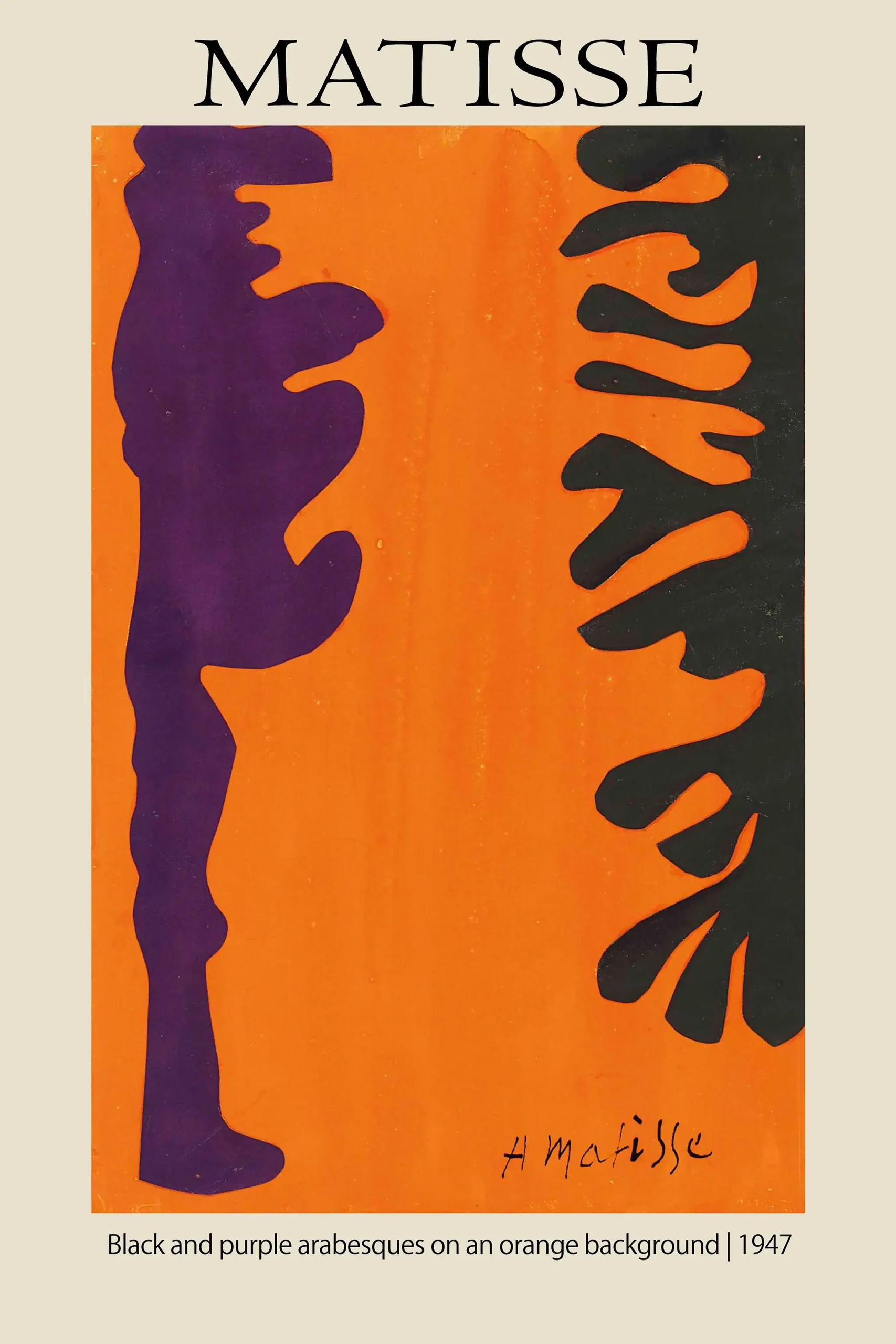 Classic Matisse Exhibition Poster - 1947 Black And Purple Arabesques Art Matisse Exhibition Poster Showing Purple And Black Abstract Organic Shapes On A Bright Orange Background With Cream Border.