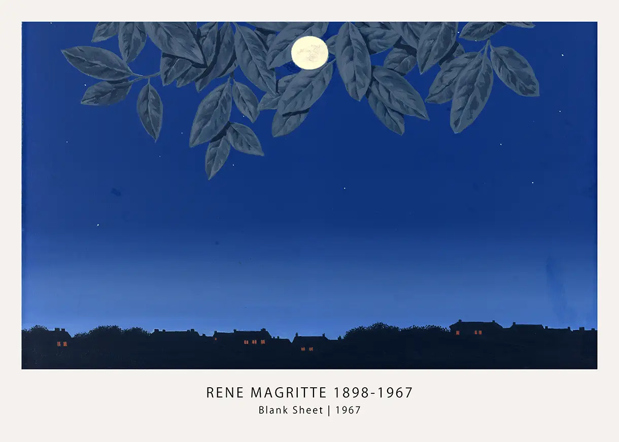 Rene Magritte Blank Sheet - 1967 Surrealist Night Wall Art Print Rene Magritte Blank Sheet Print Showing A Moon Through Blue Leaves Above A Dark Village At Night.